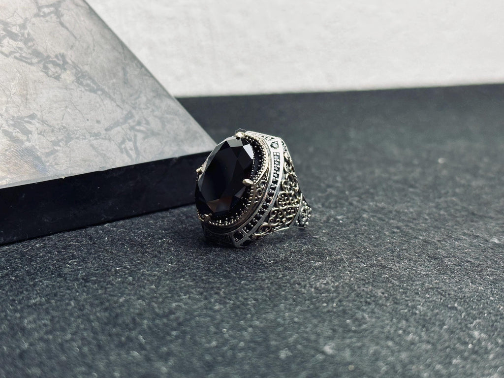 Black Zircon Men's Ring: Sterling Silver Zulfiqar Sword