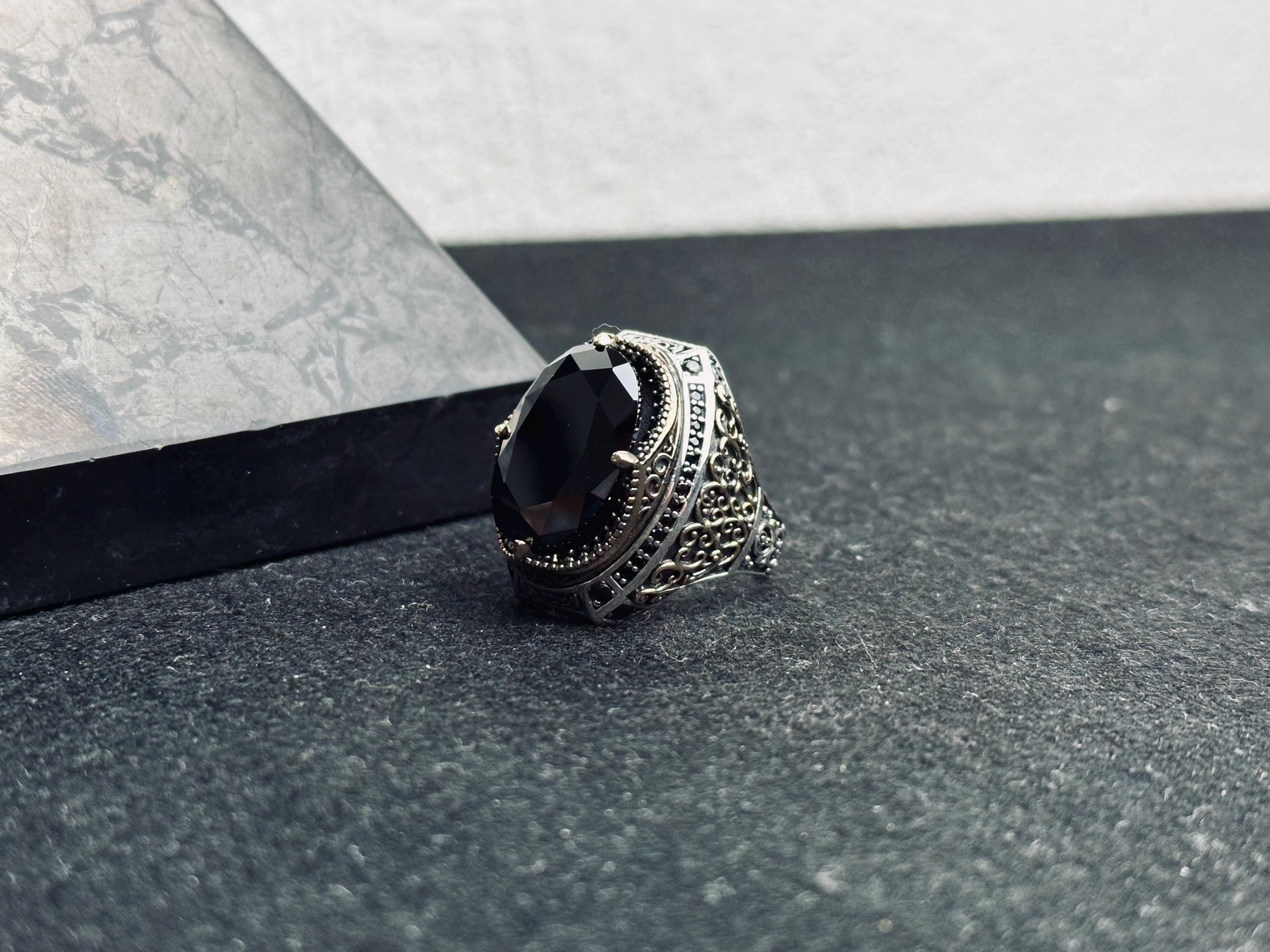 Black Zircon Men's Ring: Sterling Silver Zulfiqar Sword