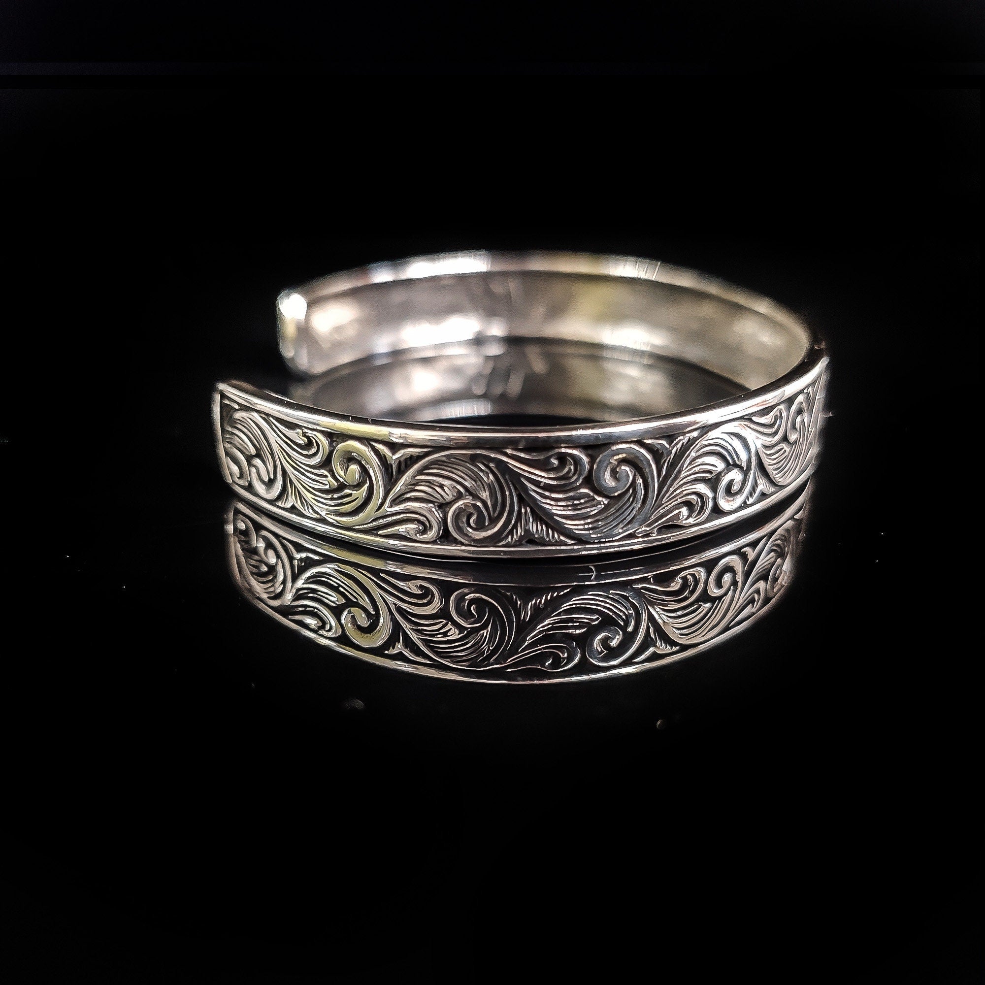 Sterling Silver Cuff Bracelet: Handmade Engraved - Adjustable Fit