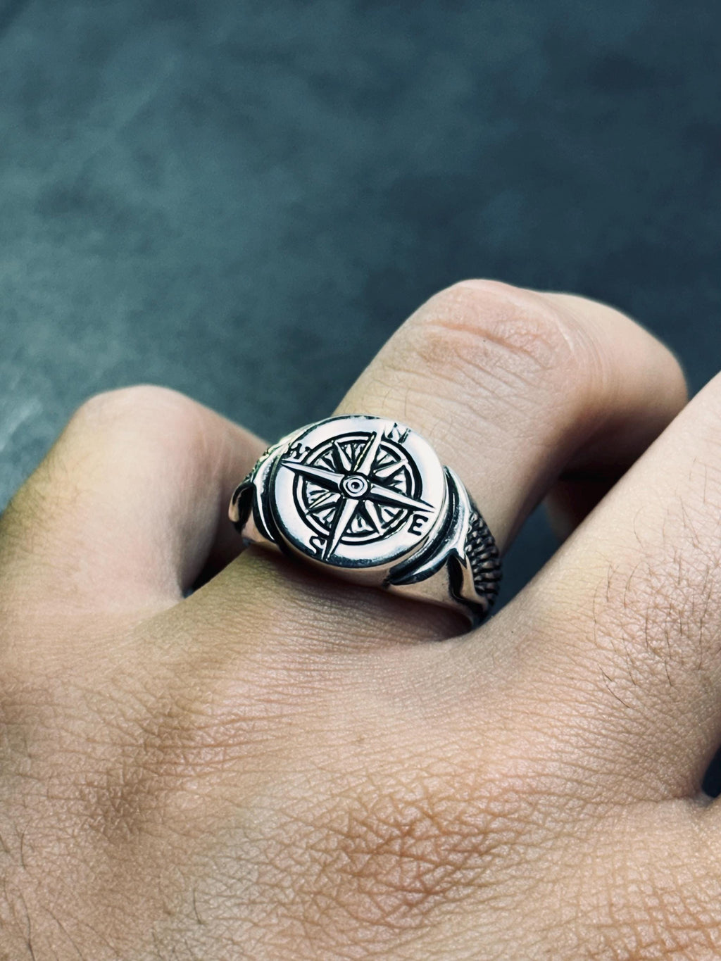 Travel Compass Ring, Sterling Silver, Handmade (Men's Sizes)