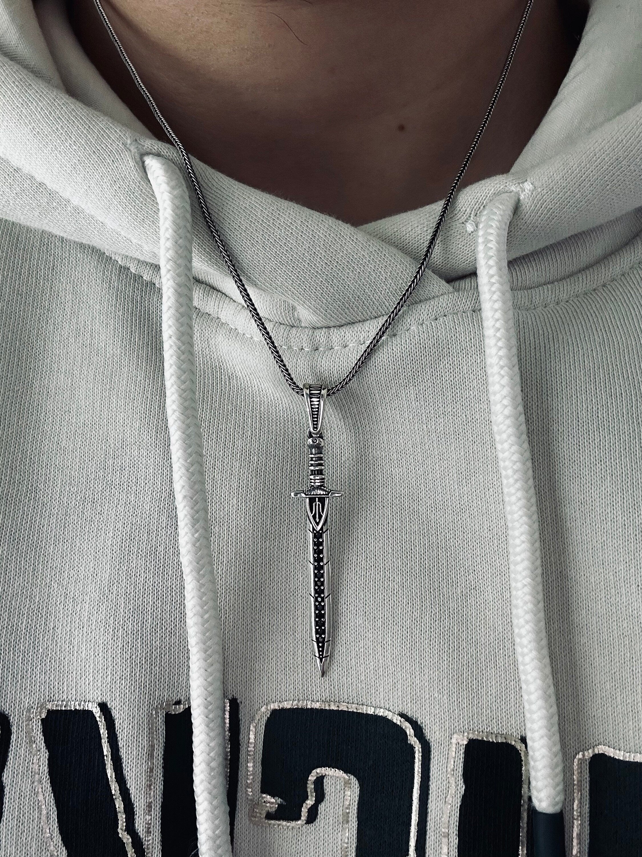 Viking Sword Necklace: Silver Pendant with Zircon Stones