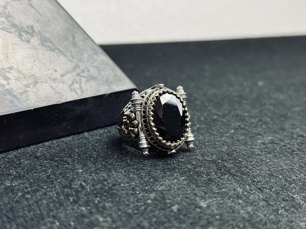 Men's Statement Silver Ring - Black Zircon, Ottoman Style