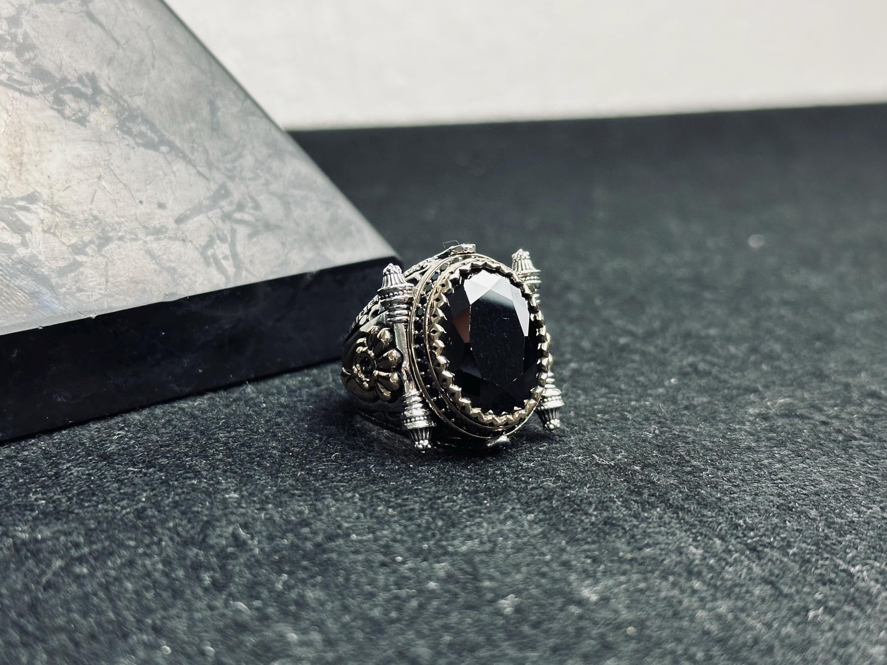 Men's Statement Silver Ring - Black Zircon, Ottoman Style