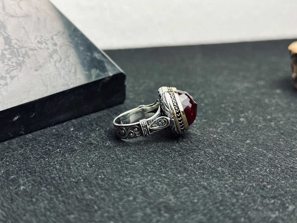 Ruby Men's Ring: Handmade Sterling Silver Jewelry (Round Red Gem)