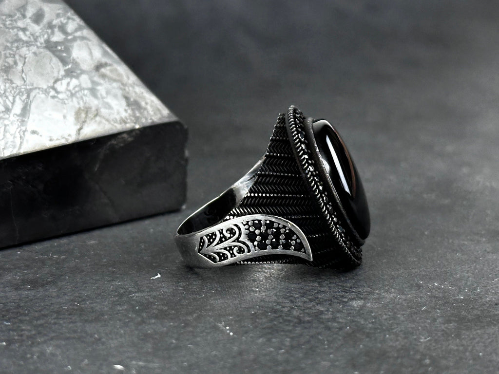 Handmade Silver Onyx Ring - Solid Sterling with Zircon Accent