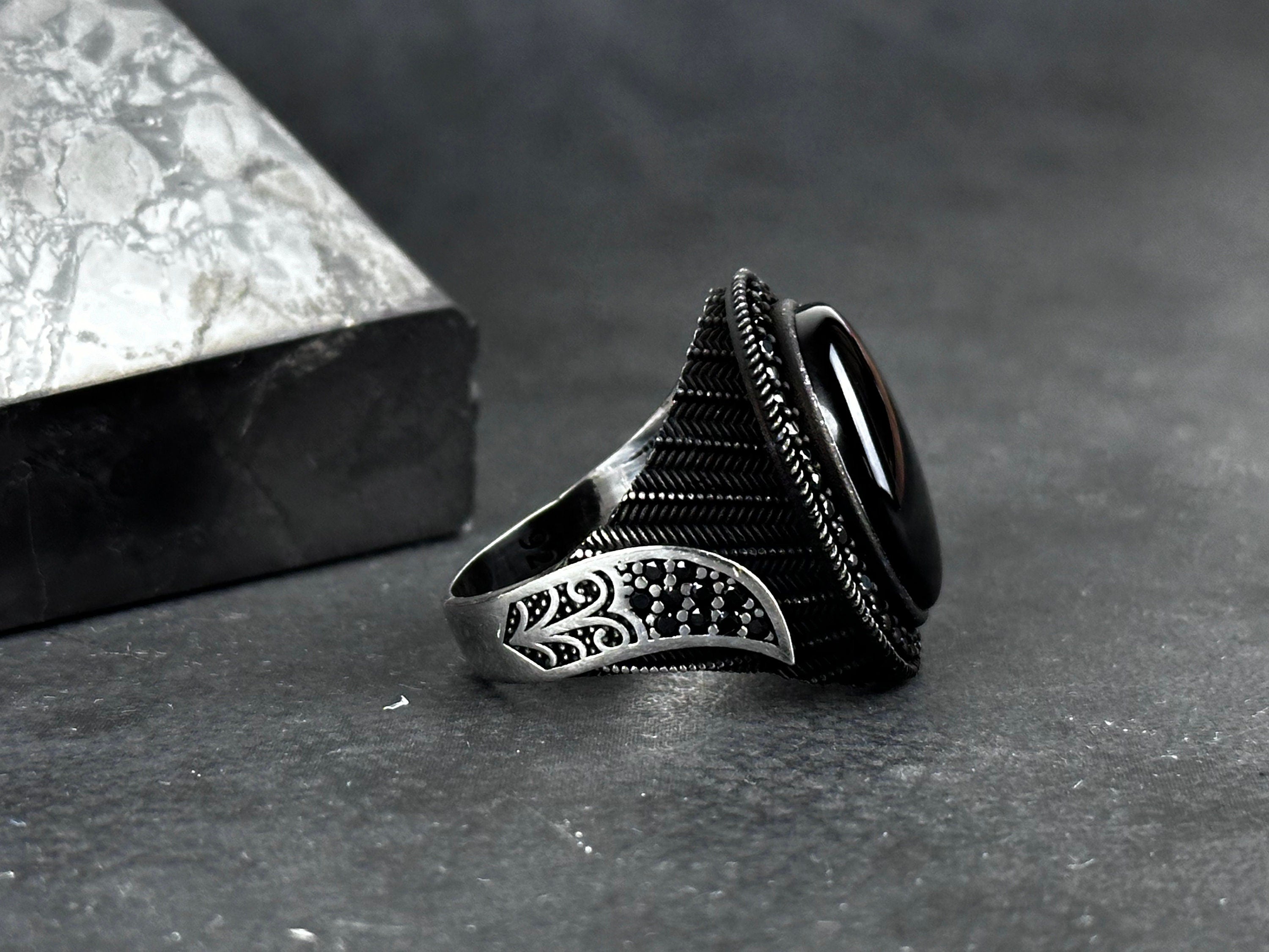 Handmade Silver Onyx Ring - Solid Sterling with Zircon Accent