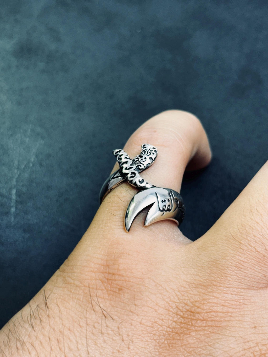 Arabic Calligraphy Sword Ring, Sterling Silver (Adjustable Thumb Band)