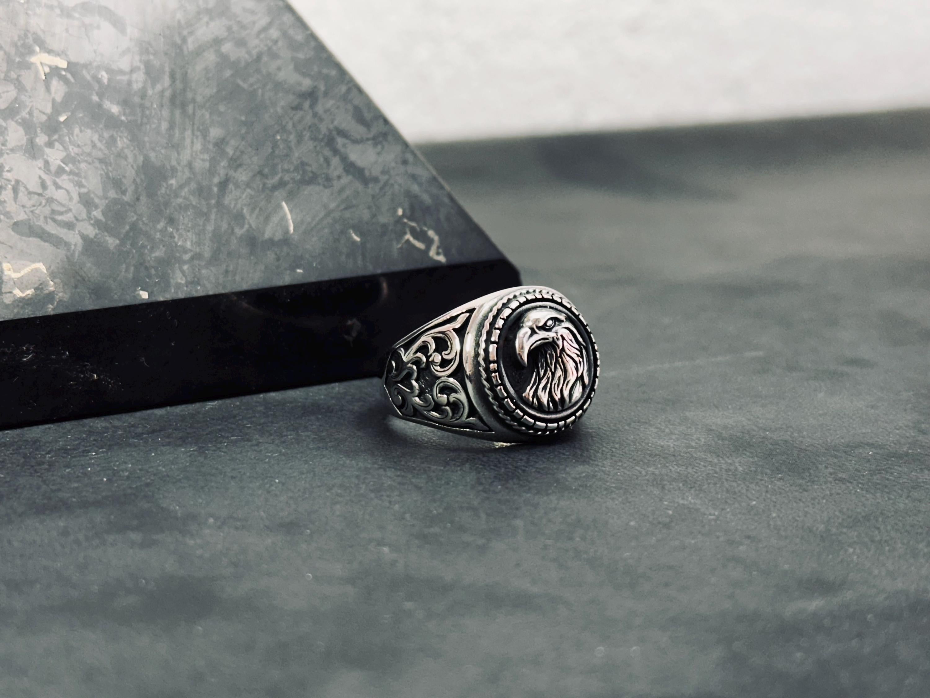 Artisan Sterling Silver Eagle Ring, Round Band (Mens and Womens)
