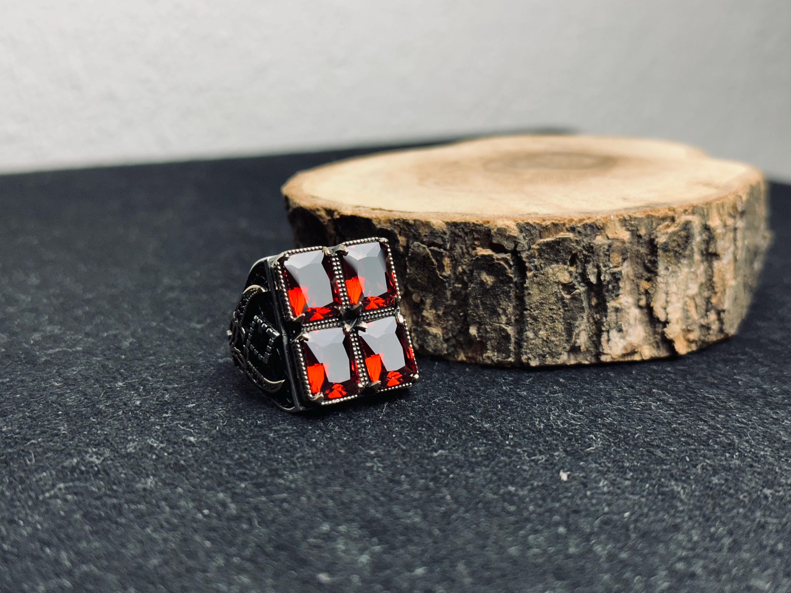 Men’s Ruby Silver Ring - Bold Four Stone Square Handmade Style