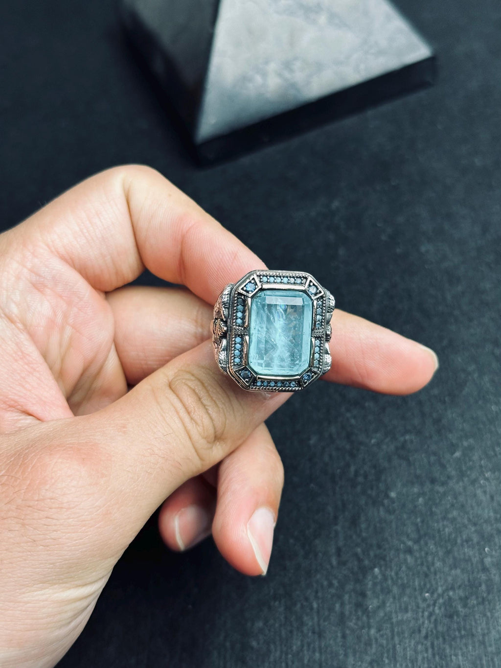 Aquamarine Men's Ring: Twin Eagle Heads, Sterling Silver