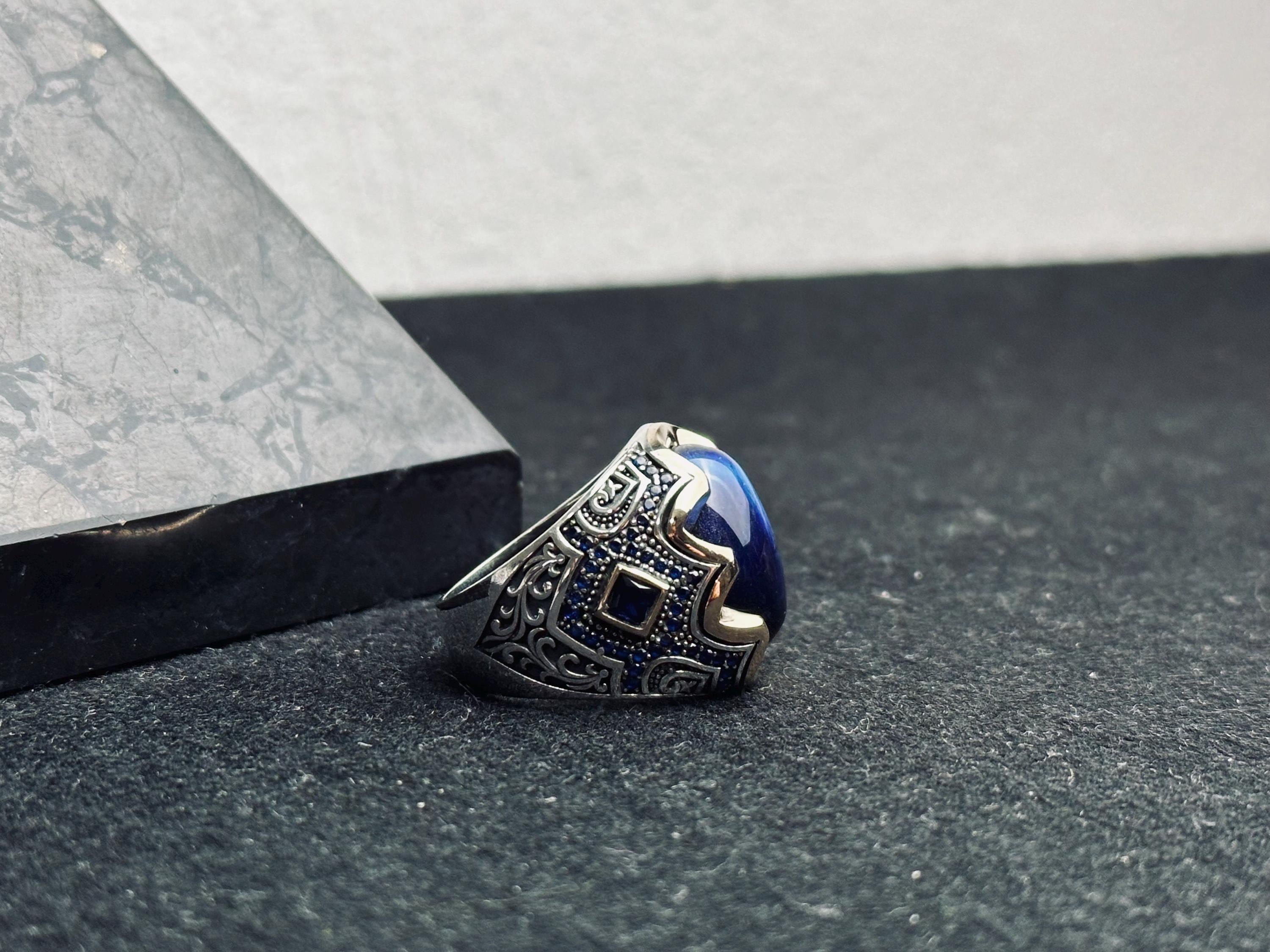 Men's Sapphire Ring: Oxidized Silver - Handmade Statement Jewelry
