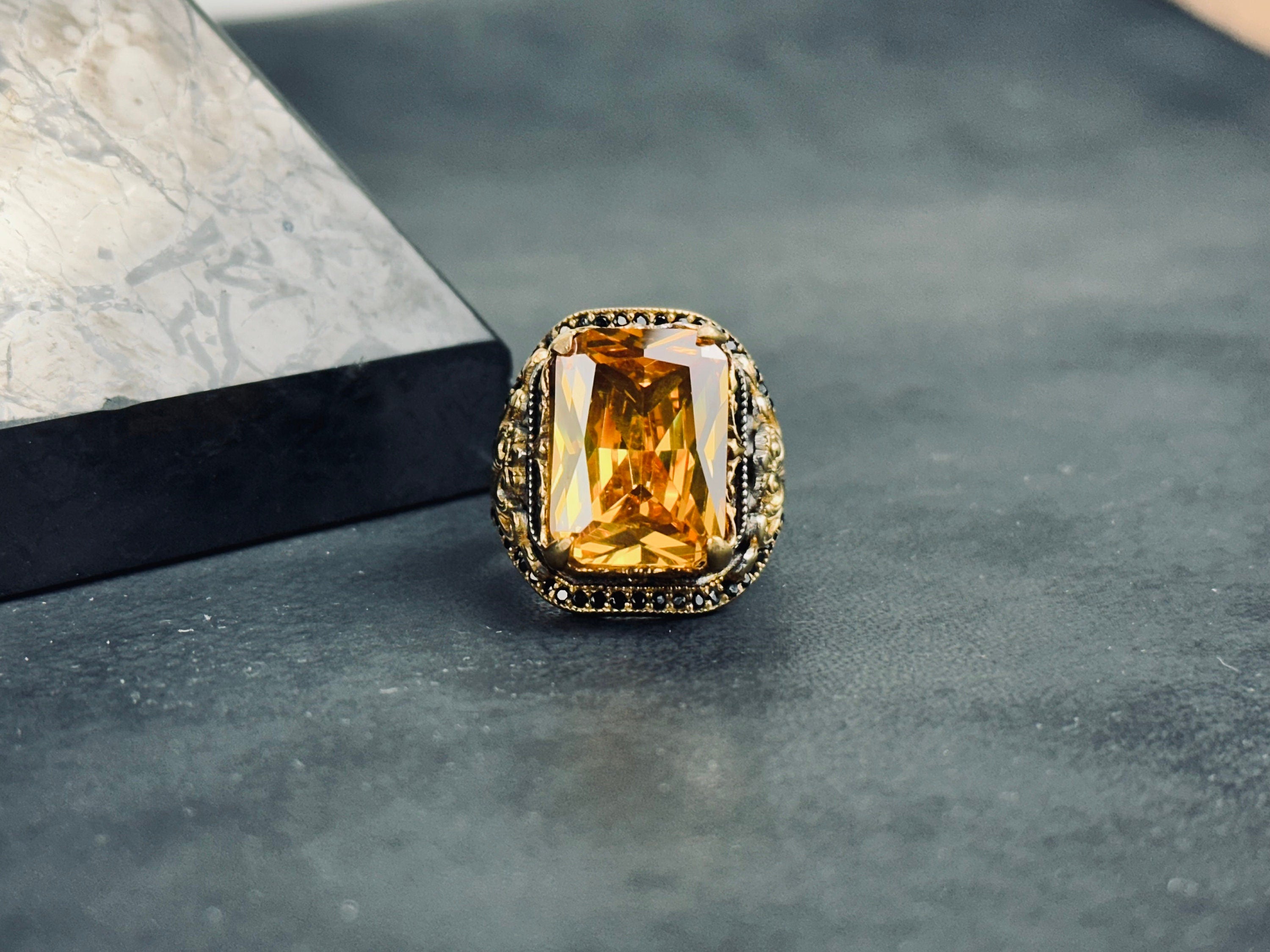 Statement Citrine Ring: Rectangular Cut in Silver (Handcrafted)