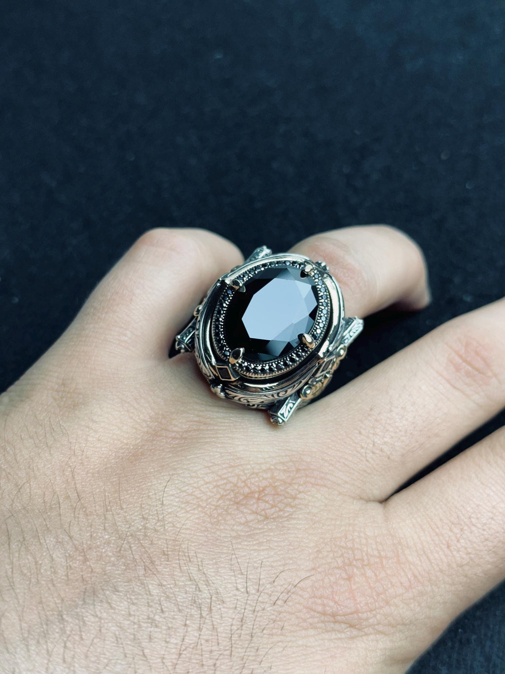 Statement Men’s Ring: Black Zircon Silver (Handmade, Large)