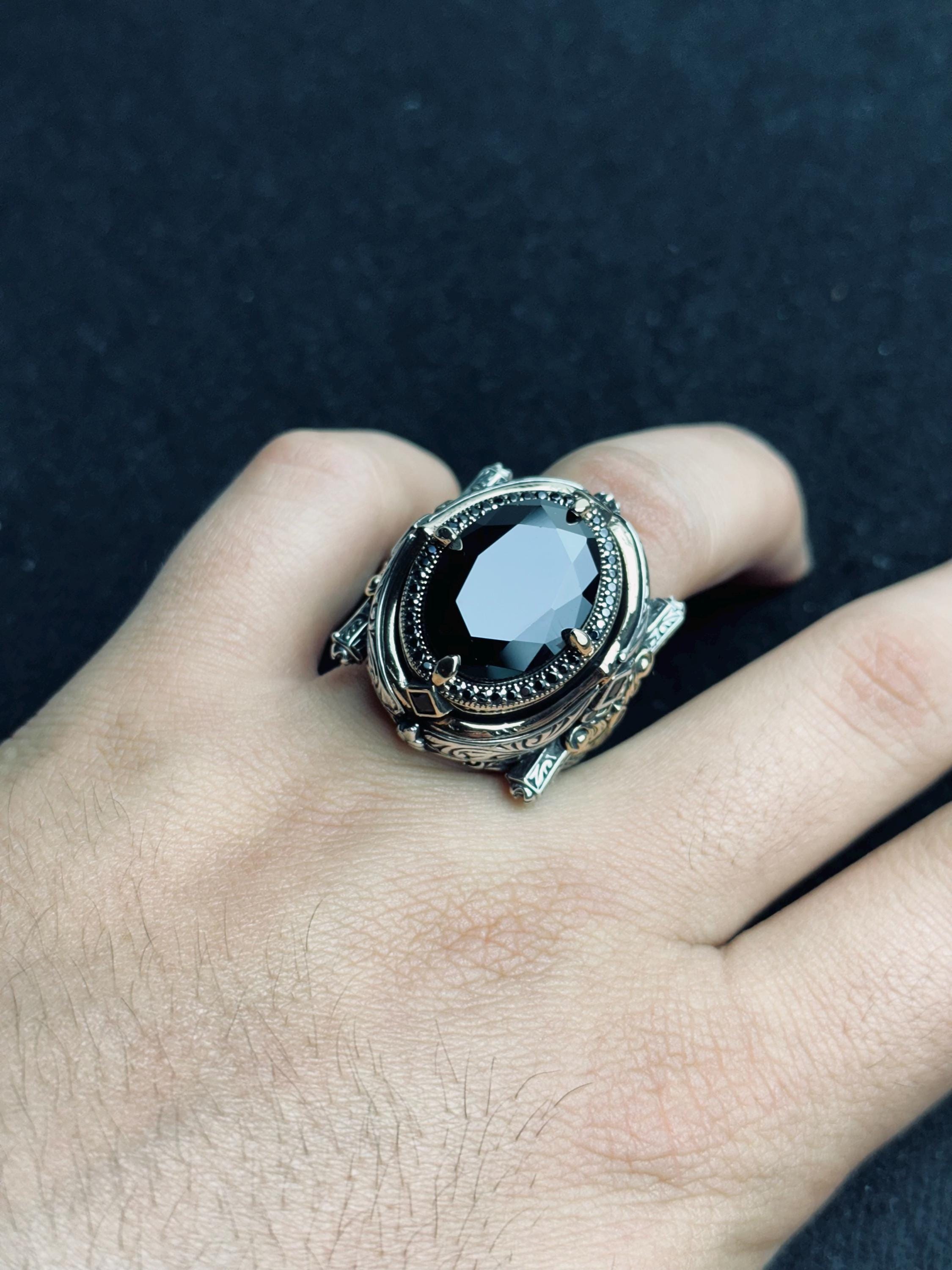 Statement Men’s Ring: Black Zircon Silver (Handmade, Large)