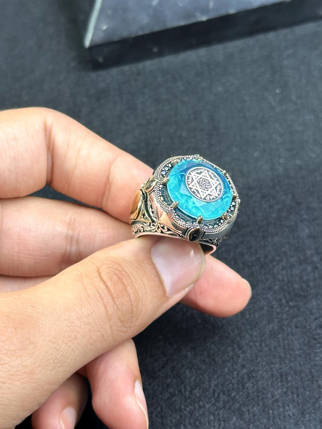 Sterling Silver Seal of Solomon Ring: Paraiba Tourmaline Gemstone