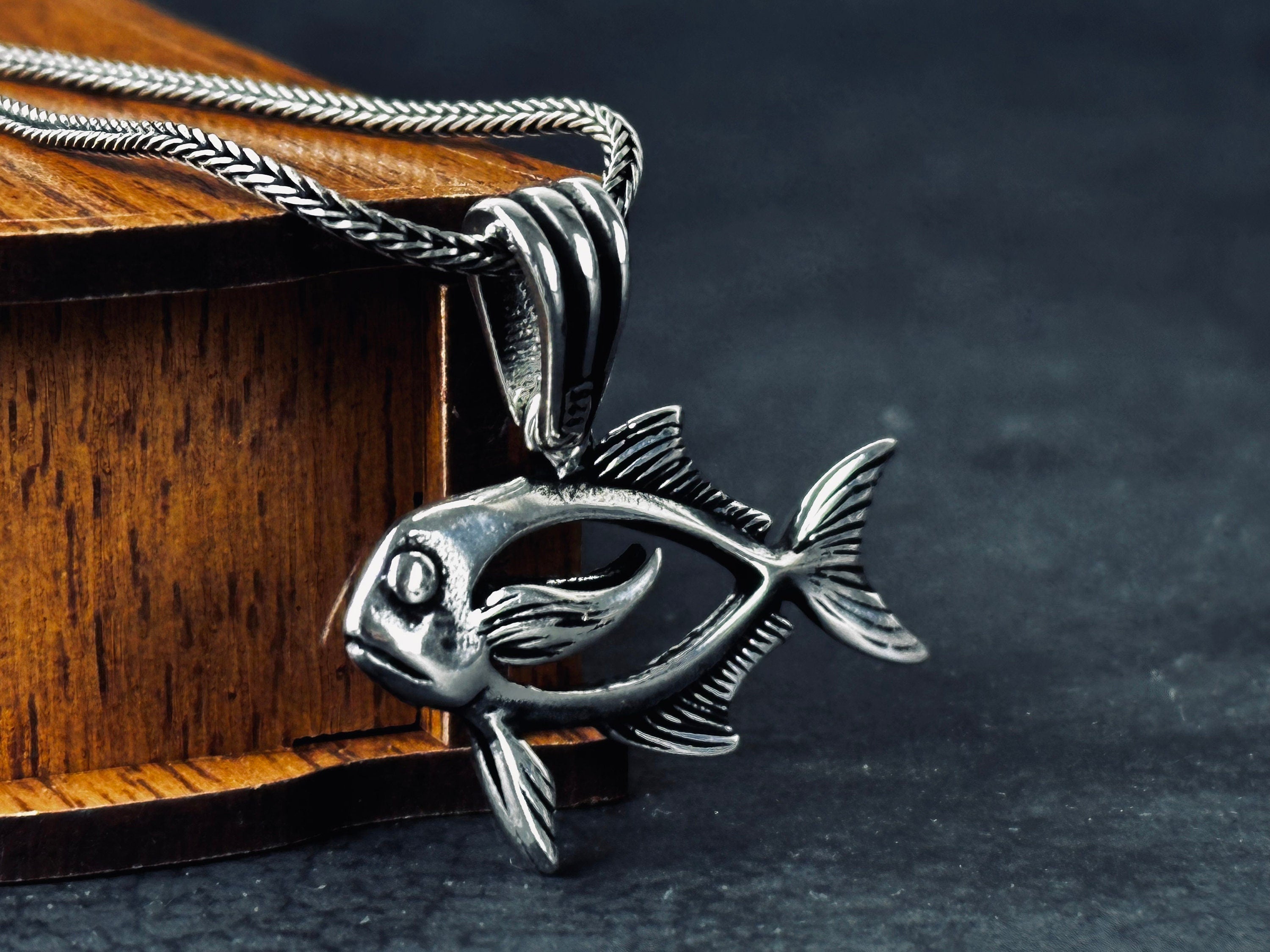 Silver Fish Pendant Necklace, Aquatic Design (Multiple Chain Sizes)