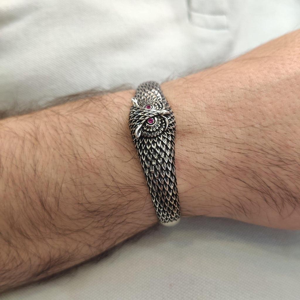 Sterling Silver Owl Cuff Bracelet (Handmade, Adjustable Size)