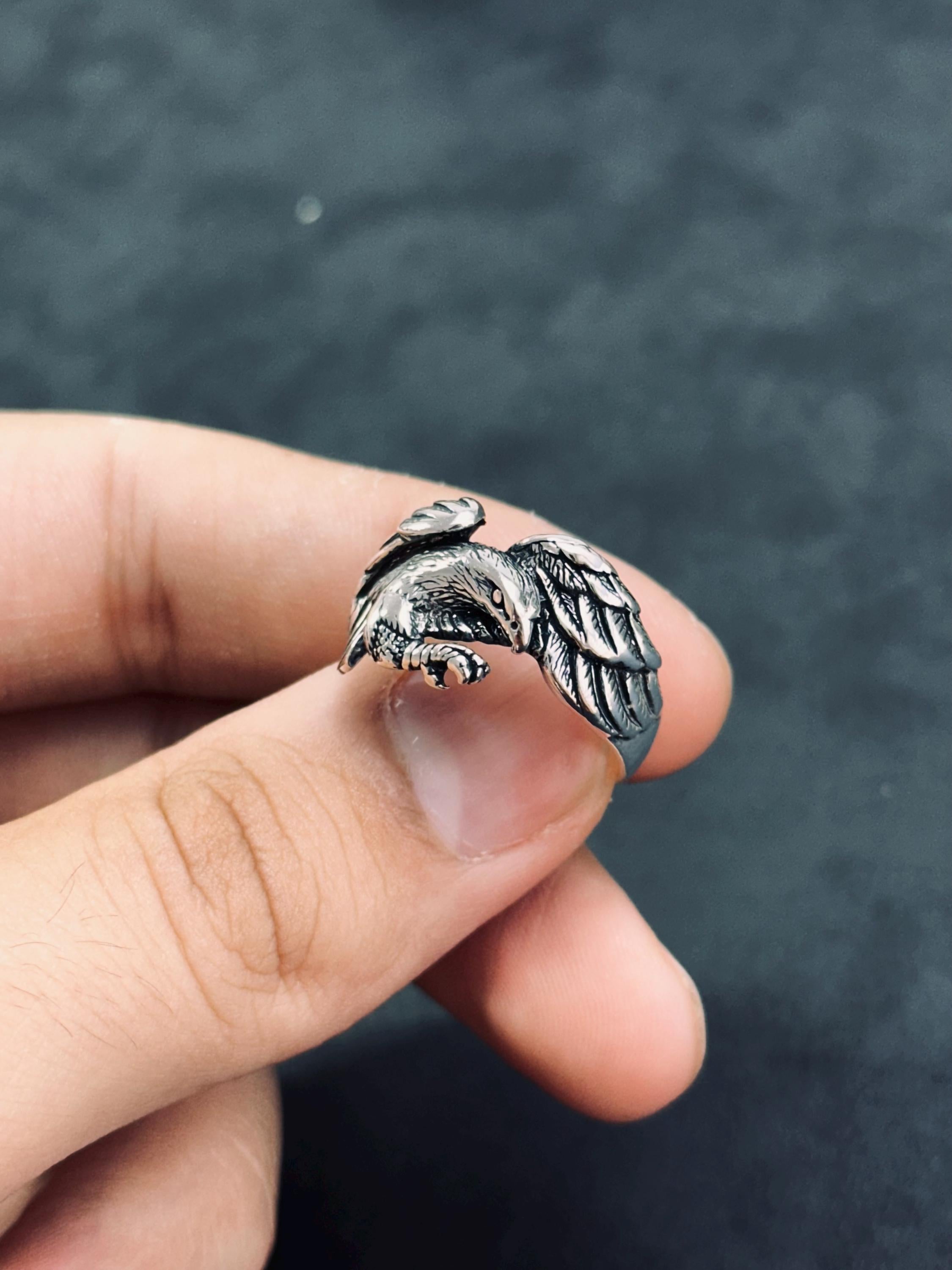 Boho Sterling Silver Eagle Ring, Adjustable Band (Unisex)