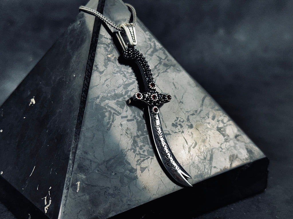 Islamic Silver Necklace, Zulfiqar Sword Pendant (With Zircon Stones)