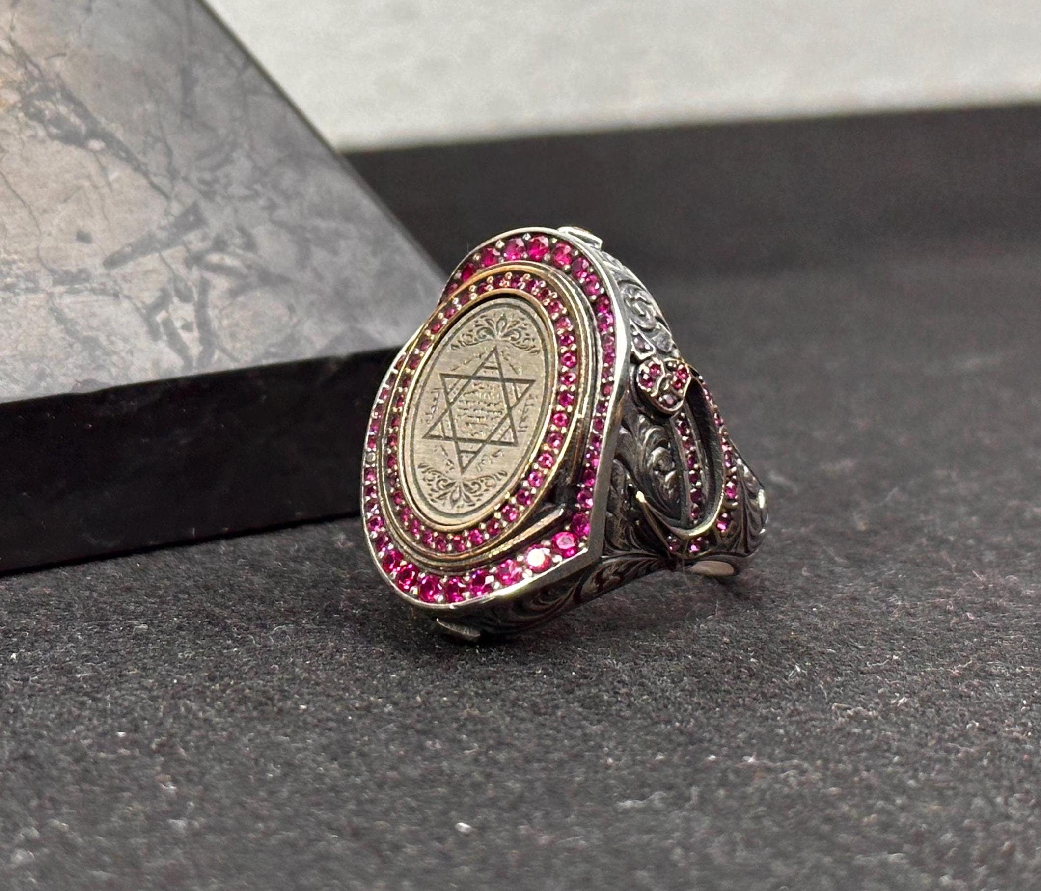 Seal of Solomon Ring: Arabic Calligraphy - Sterling Silver, Pink CZ