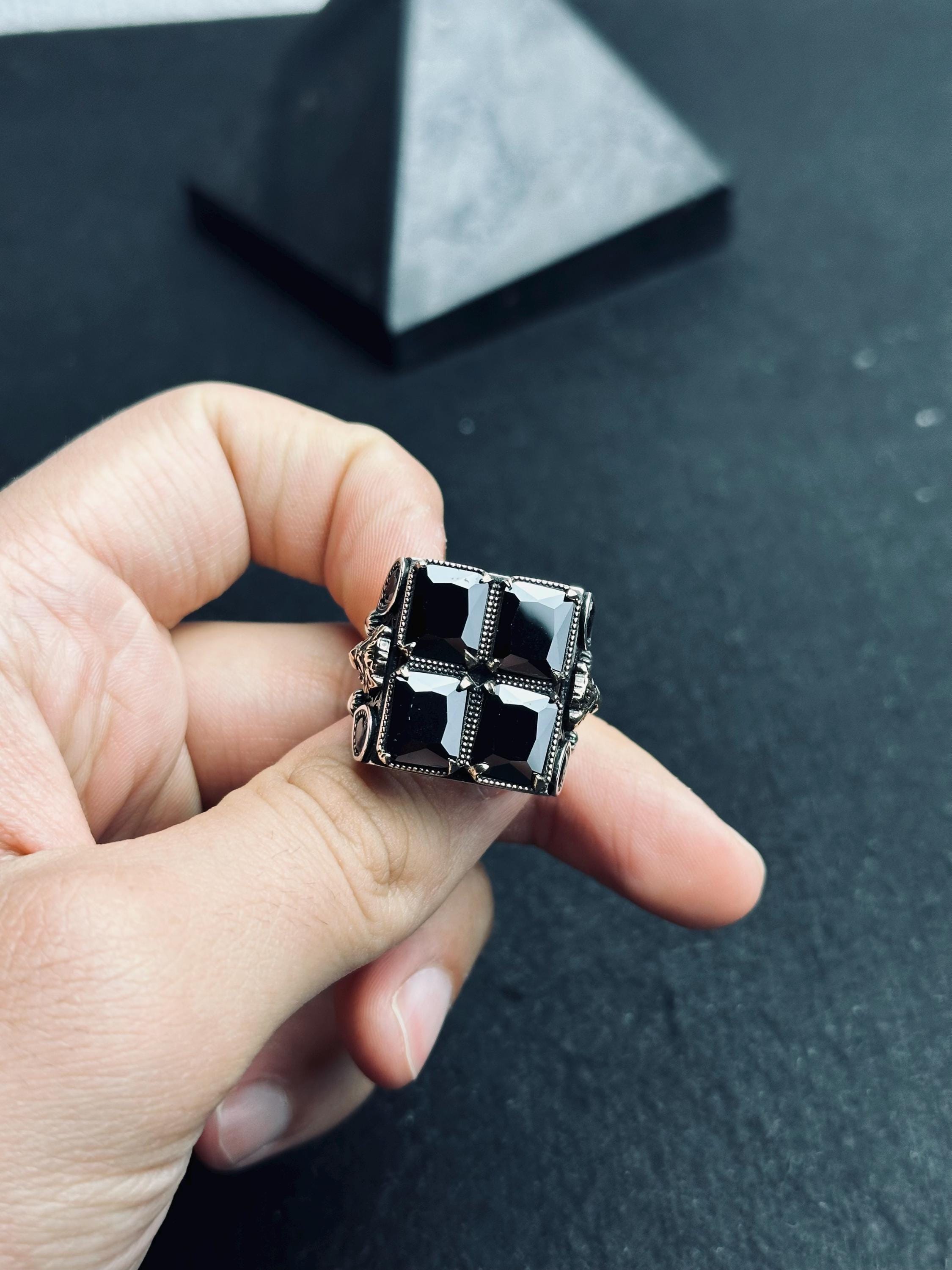 Men’s Square Zircon Ring: Bold Black Sterling Silver (Handmade)