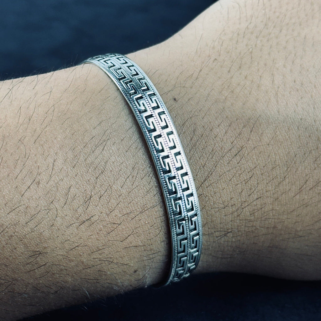 Sterling Silver Greek Key Bracelet - Handmade Unisex Cuff