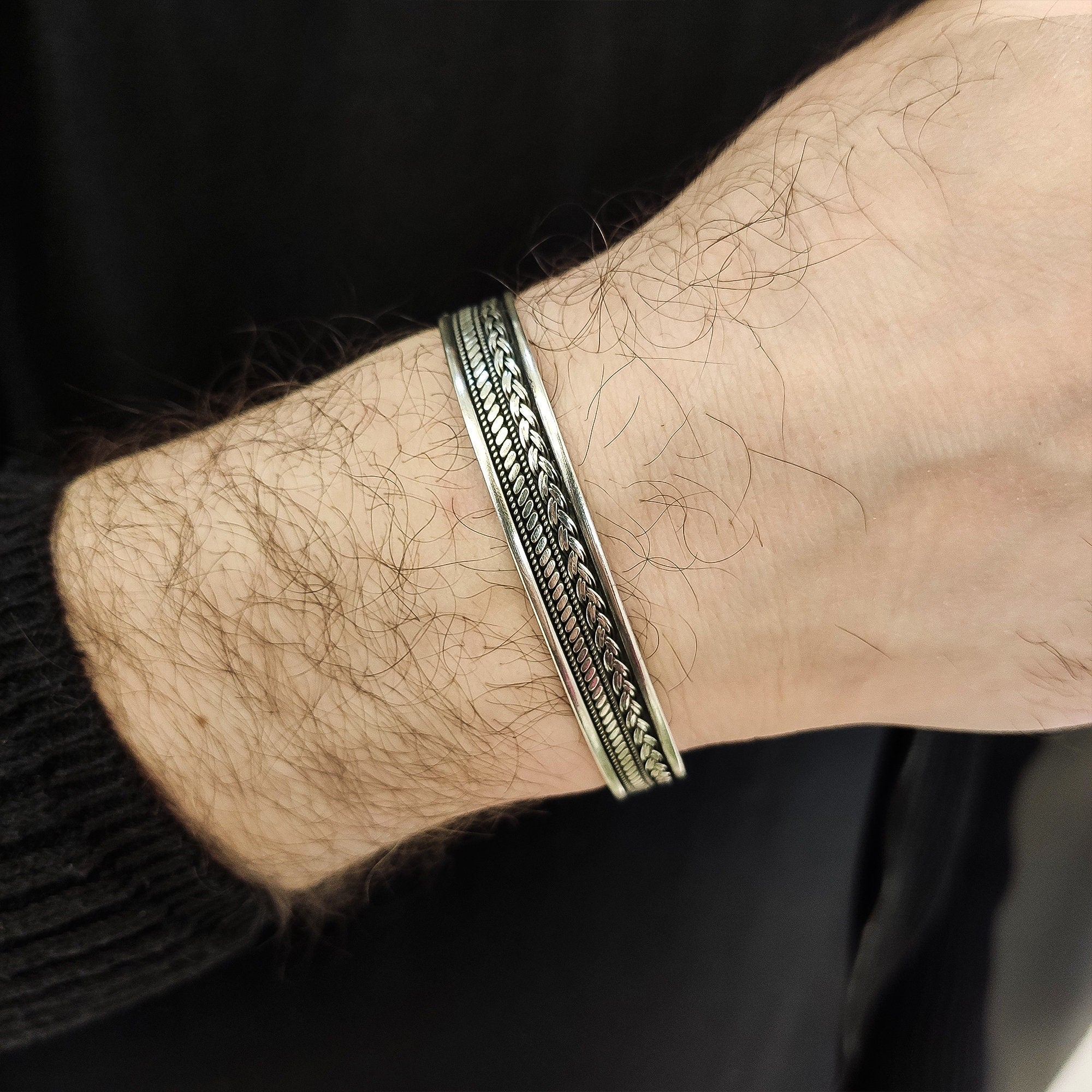 Engraved Silver Cuff Bracelet: Handmade Adjustable Design (Men's)