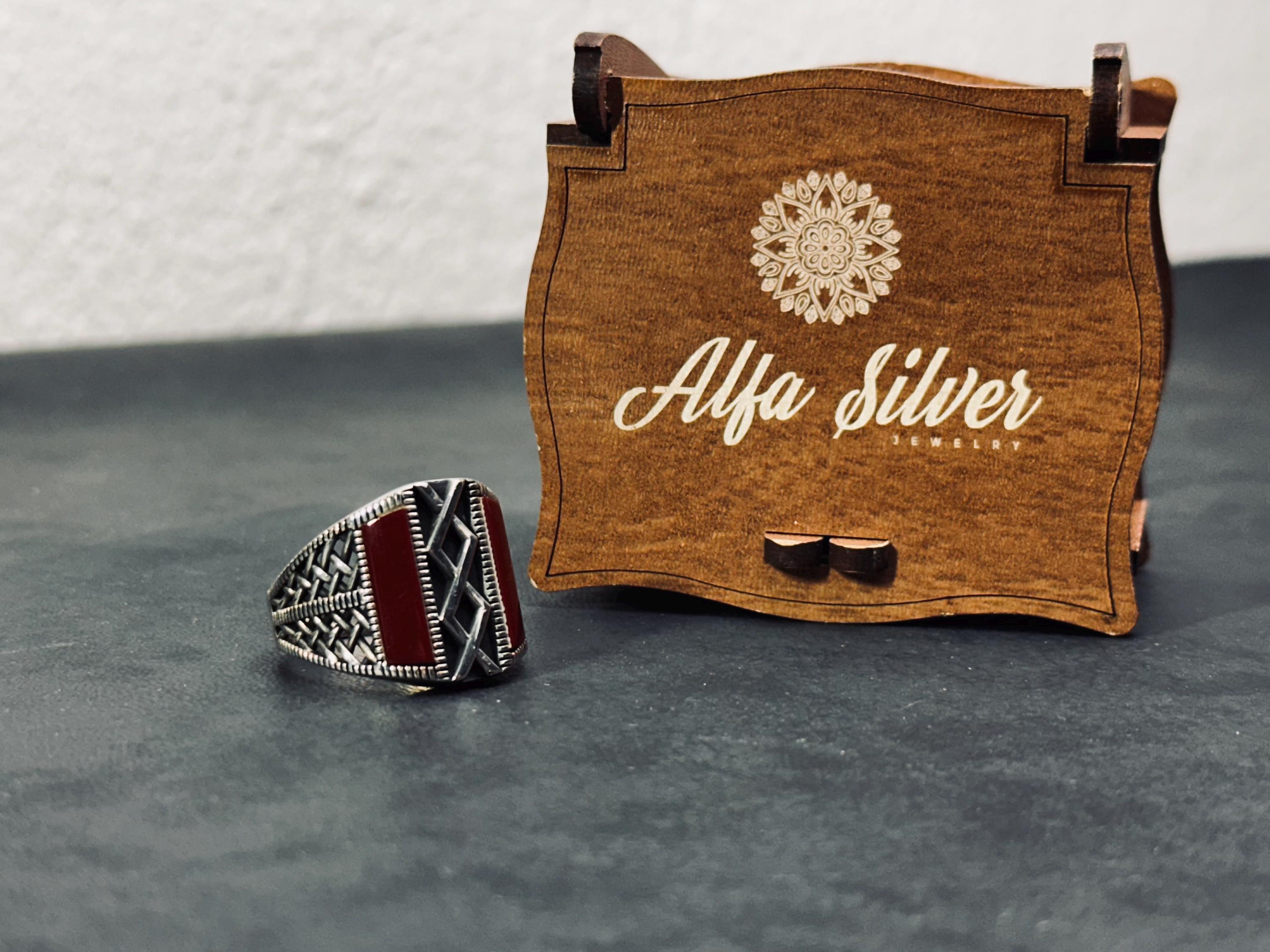 Red Aqeeq Agate Ring - Handmade Sterling Silver for Men