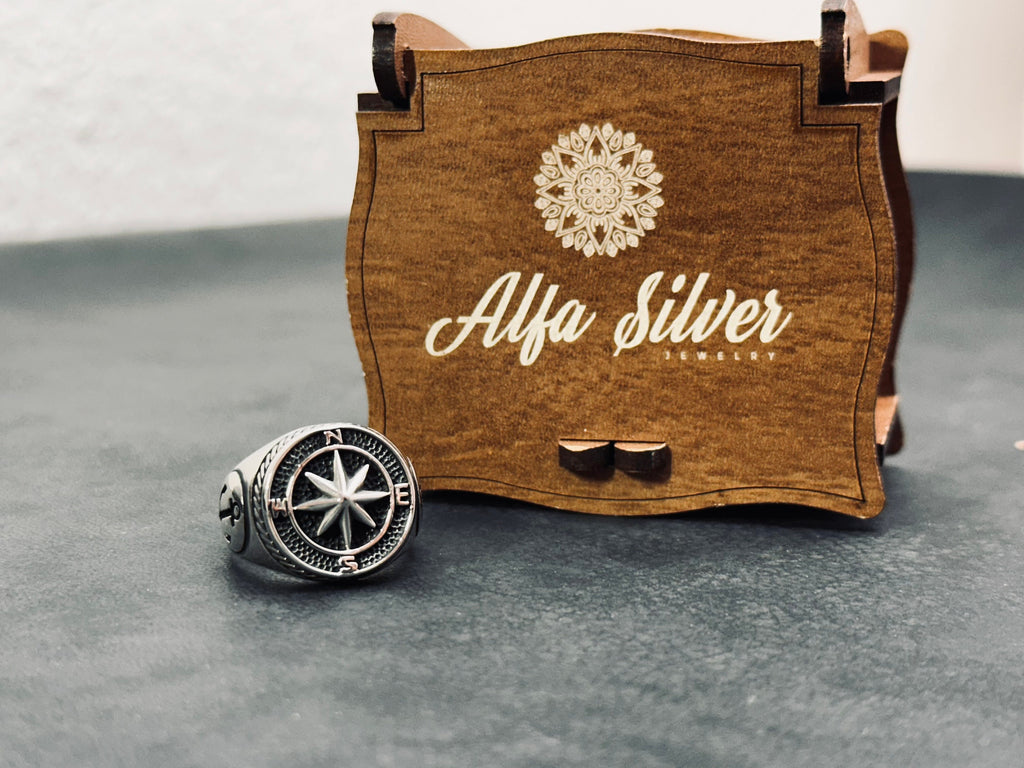 Sterling Silver Compass Ring: Handmade North Star Band