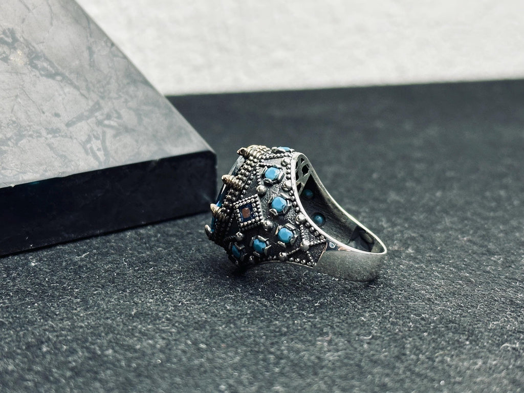 Men's Aquamarine Ring: Handmade Turkish Silver - March Birthstone