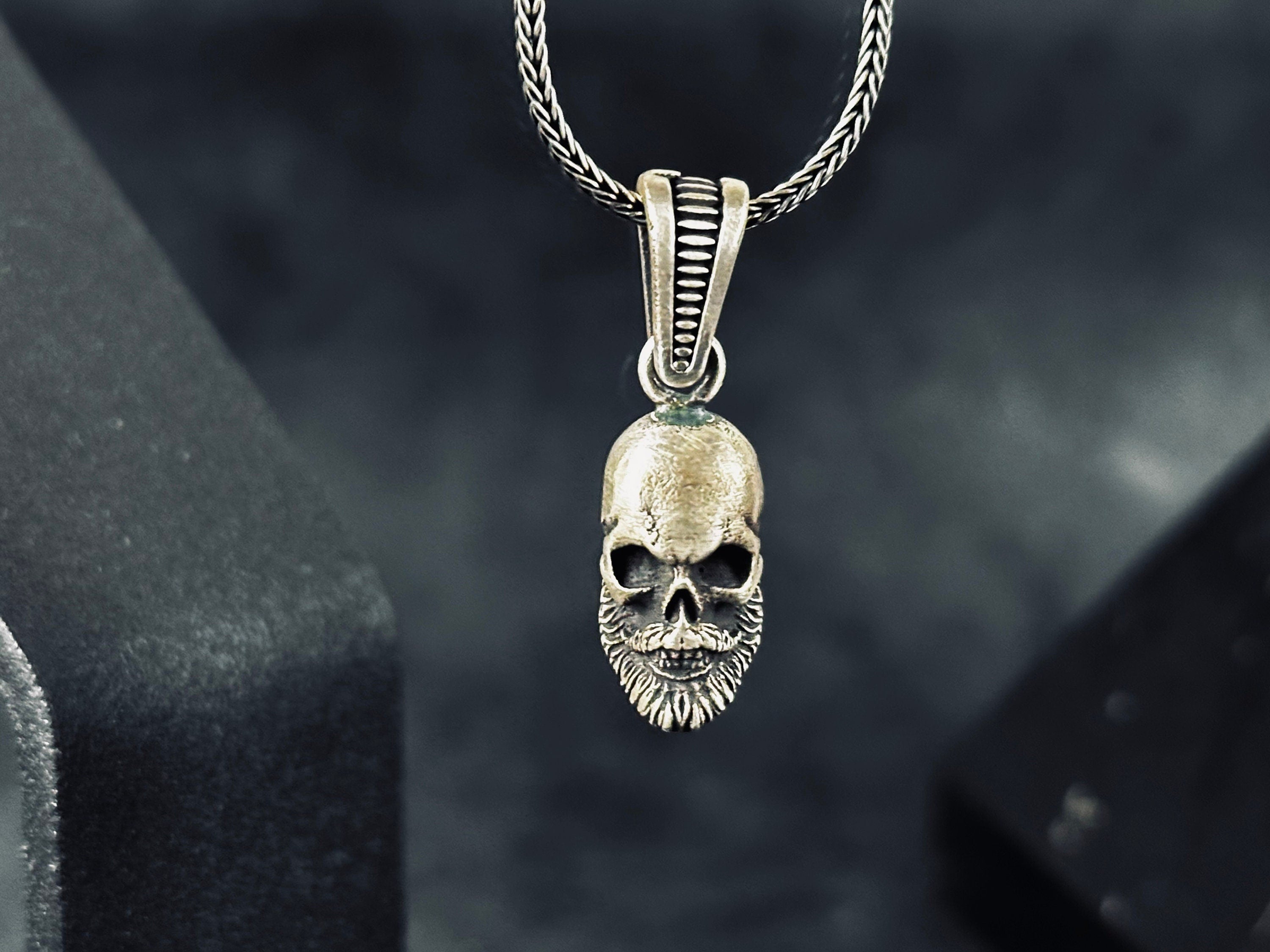 Pendant Necklace: Silver Skull with Beard - Men's Statement Jewelry