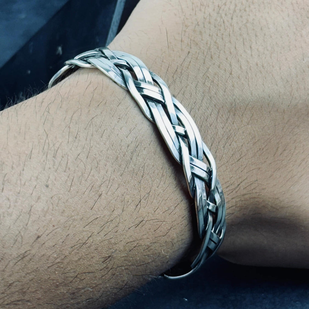 Knitted Silver Cuff Bracelet: Handmade Adjustable Braid (Sterling 925)