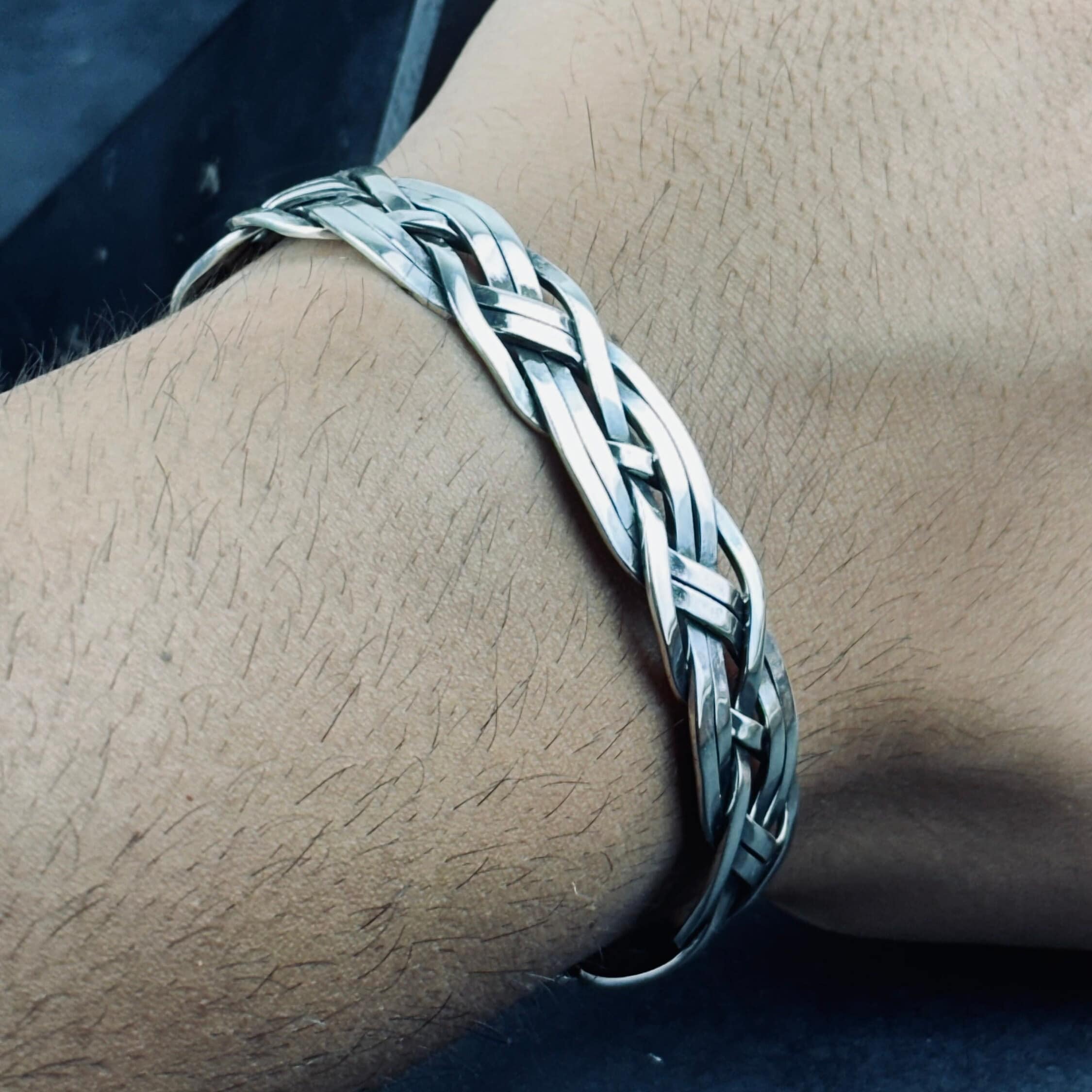 Knitted Silver Cuff Bracelet: Handmade Adjustable Braid (Sterling 925)