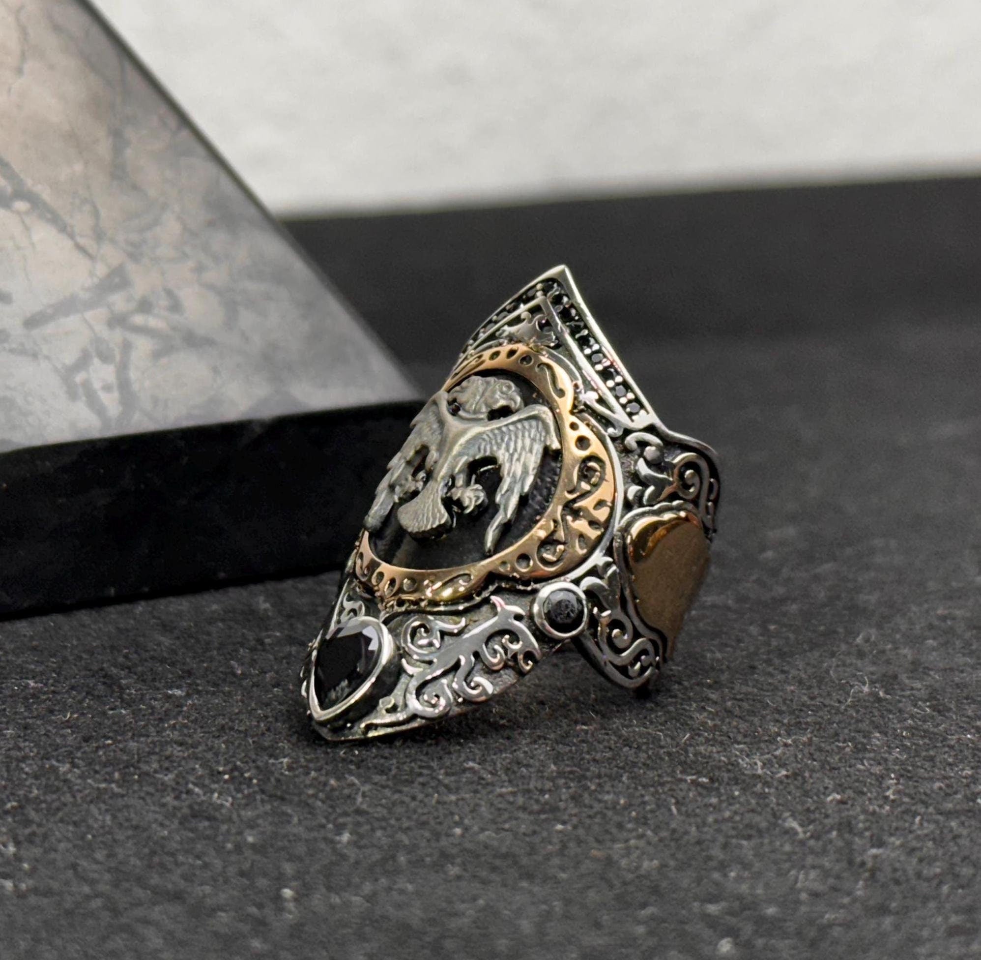 Double Headed Eagle Silver Ring, Handmade Thumb Band (Sterling 925)