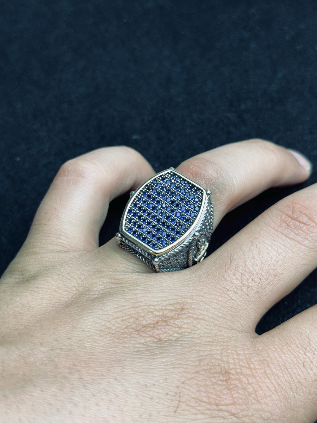 Geometric Men's Silver Ring - Blue Zircon Inset, Handmade