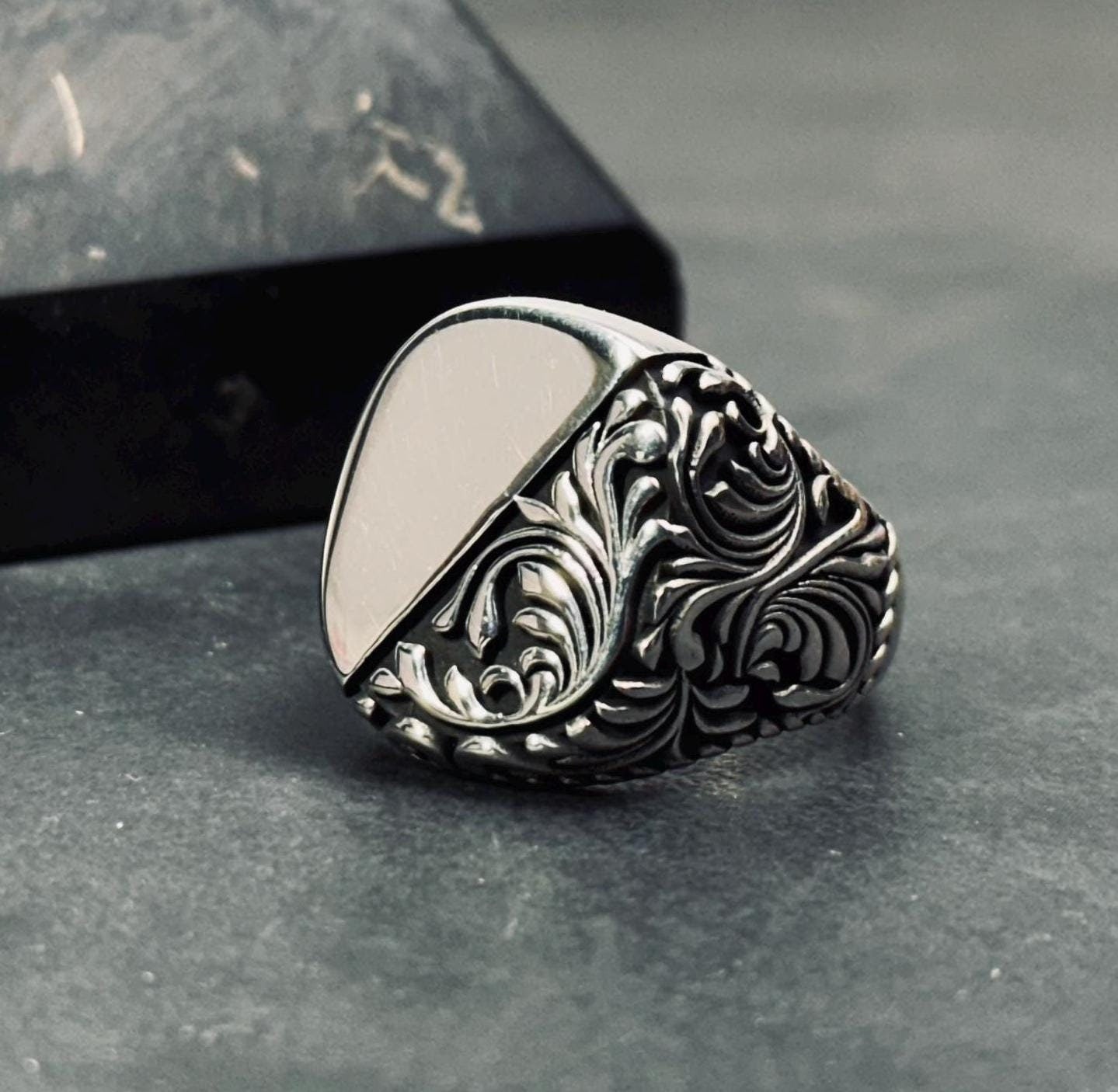 Sterling Silver Ring: Engraved Greek Style - Handcast Finish