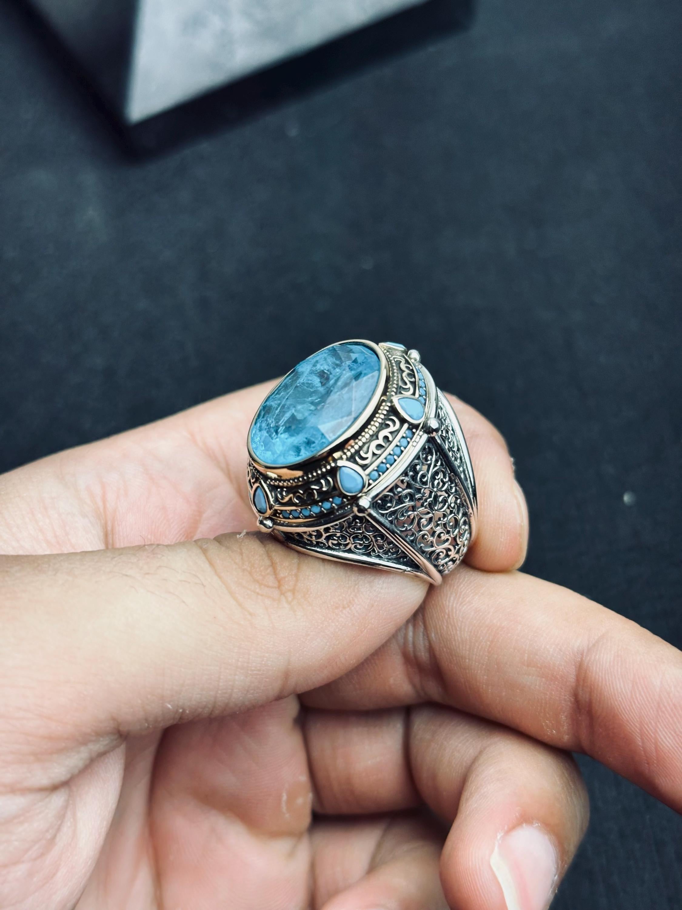 Aquamarine Statement Ring: Handmade Turkish Silver (Men's Size)