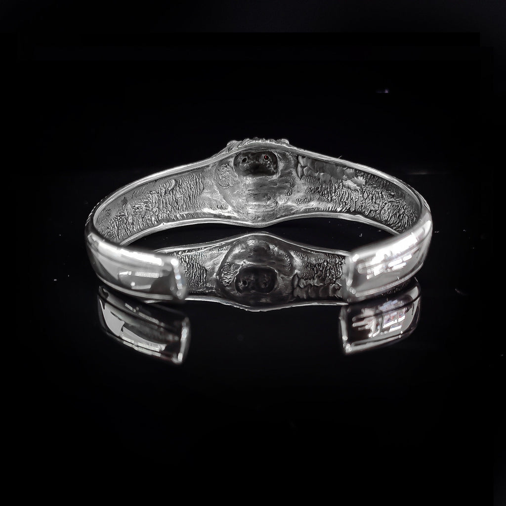 Lion Head Sterling Silver Bracelet: Engraved Tire Design Cuff