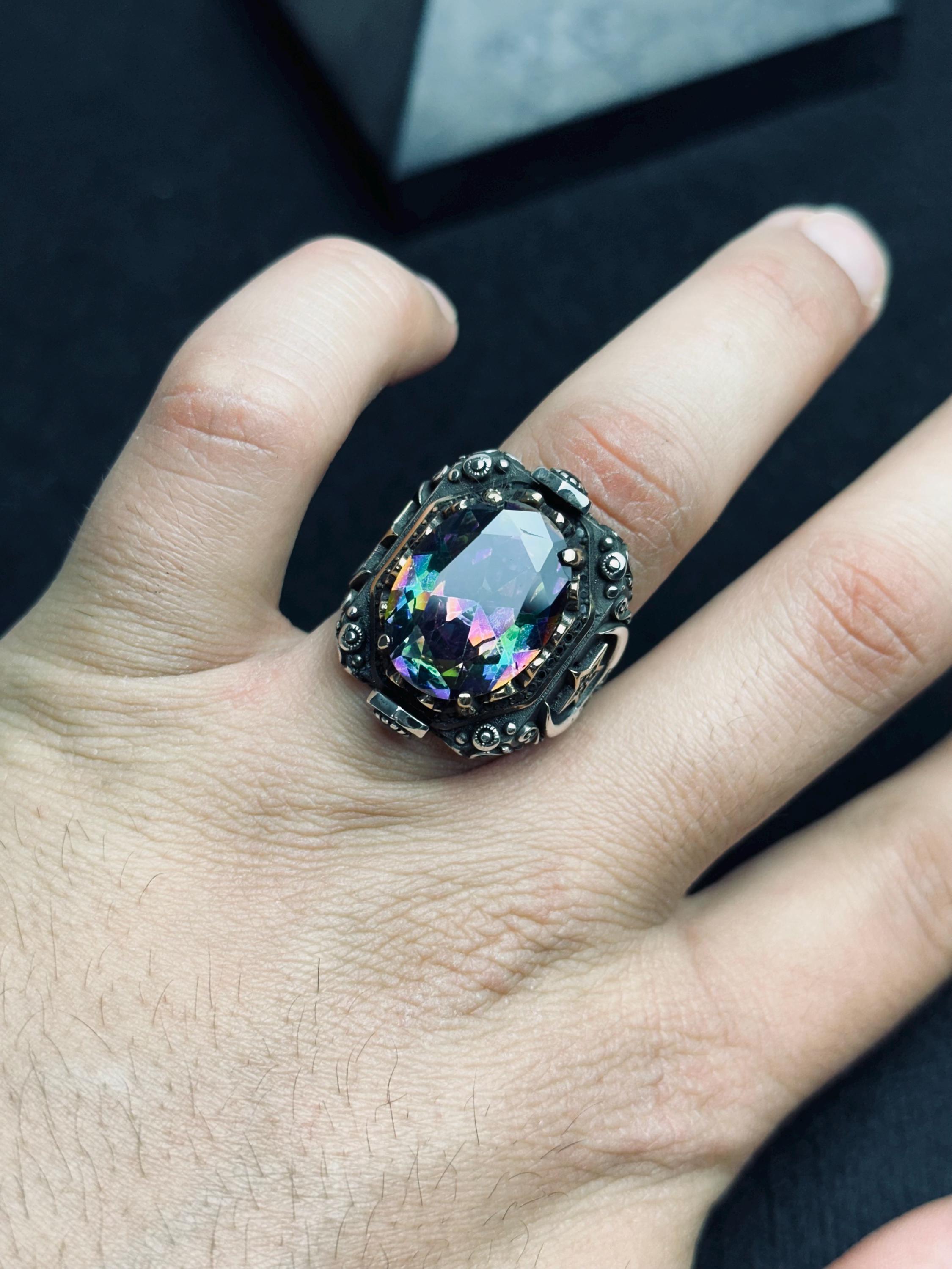 Mystic Topaz Ring: Men's Turkish Sterling Silver (Ottoman Design)