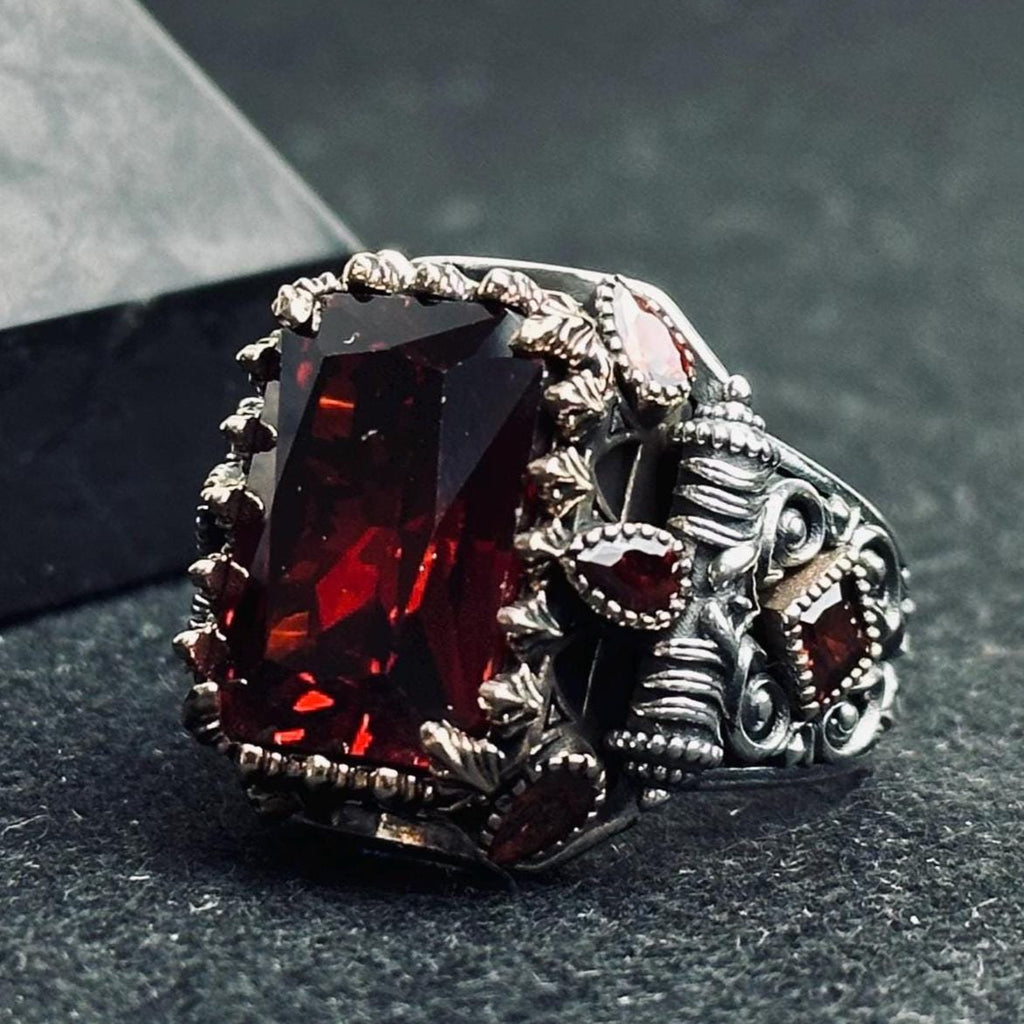 Men's Ruby Signet Ring: Turkish Handmade Sterling Silver