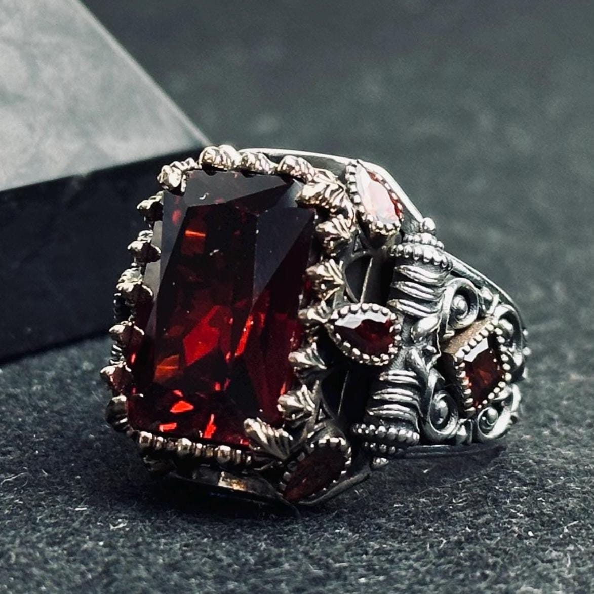 Men's Ruby Signet Ring: Turkish Handmade Sterling Silver