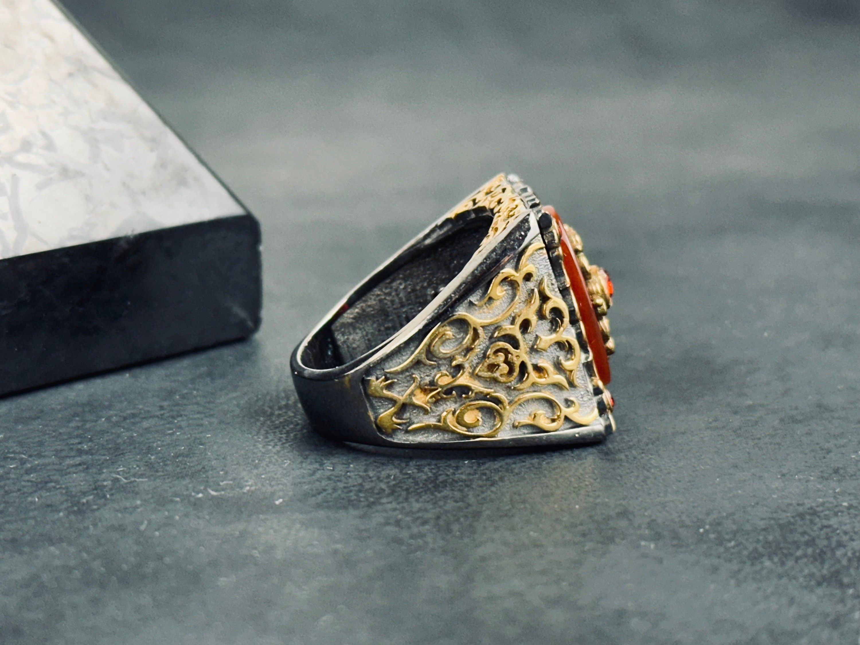 Red Aqeeq Ring: Handmade Sterling Silver (Engraved, Zirconium Accent)