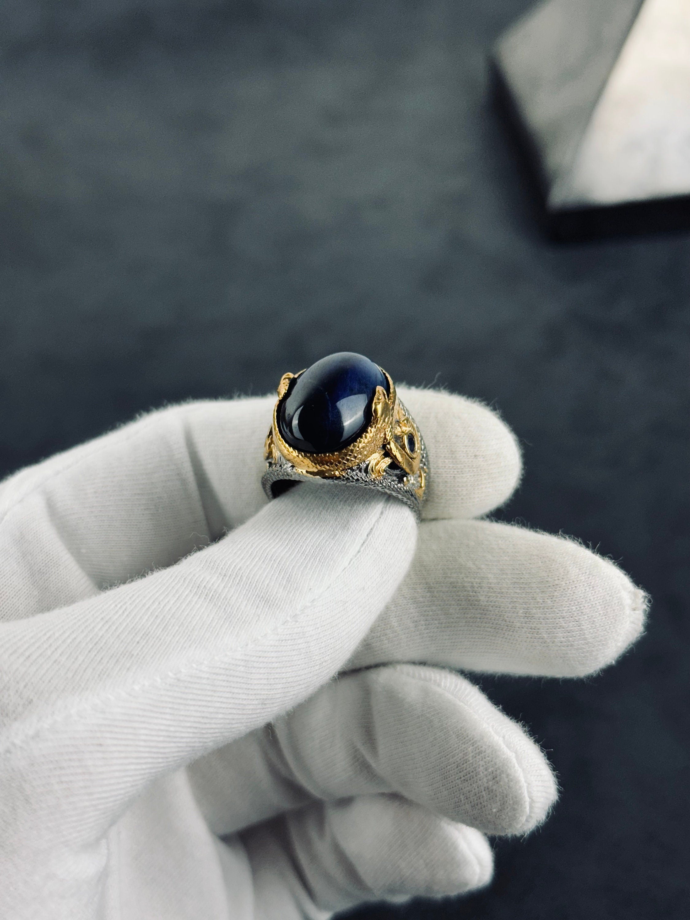 Sapphire Dragon Ring - Sterling Silver Engraved Statement Piece