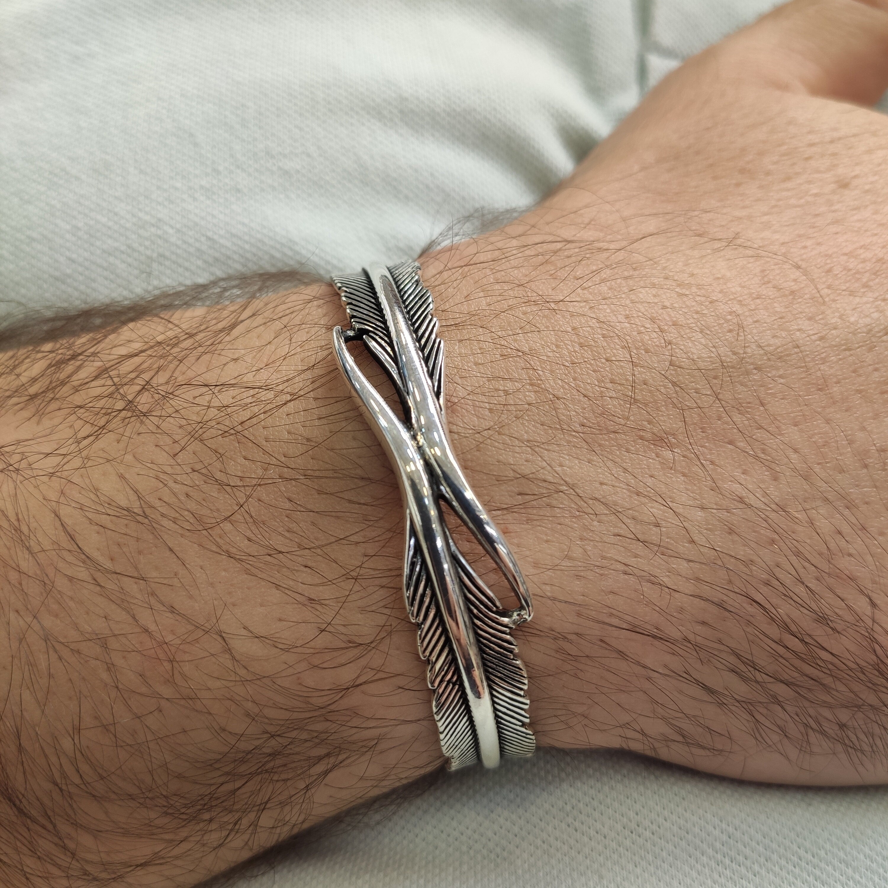 Sterling Silver Feather Cuff Bracelet (Handmade, Adjustable)