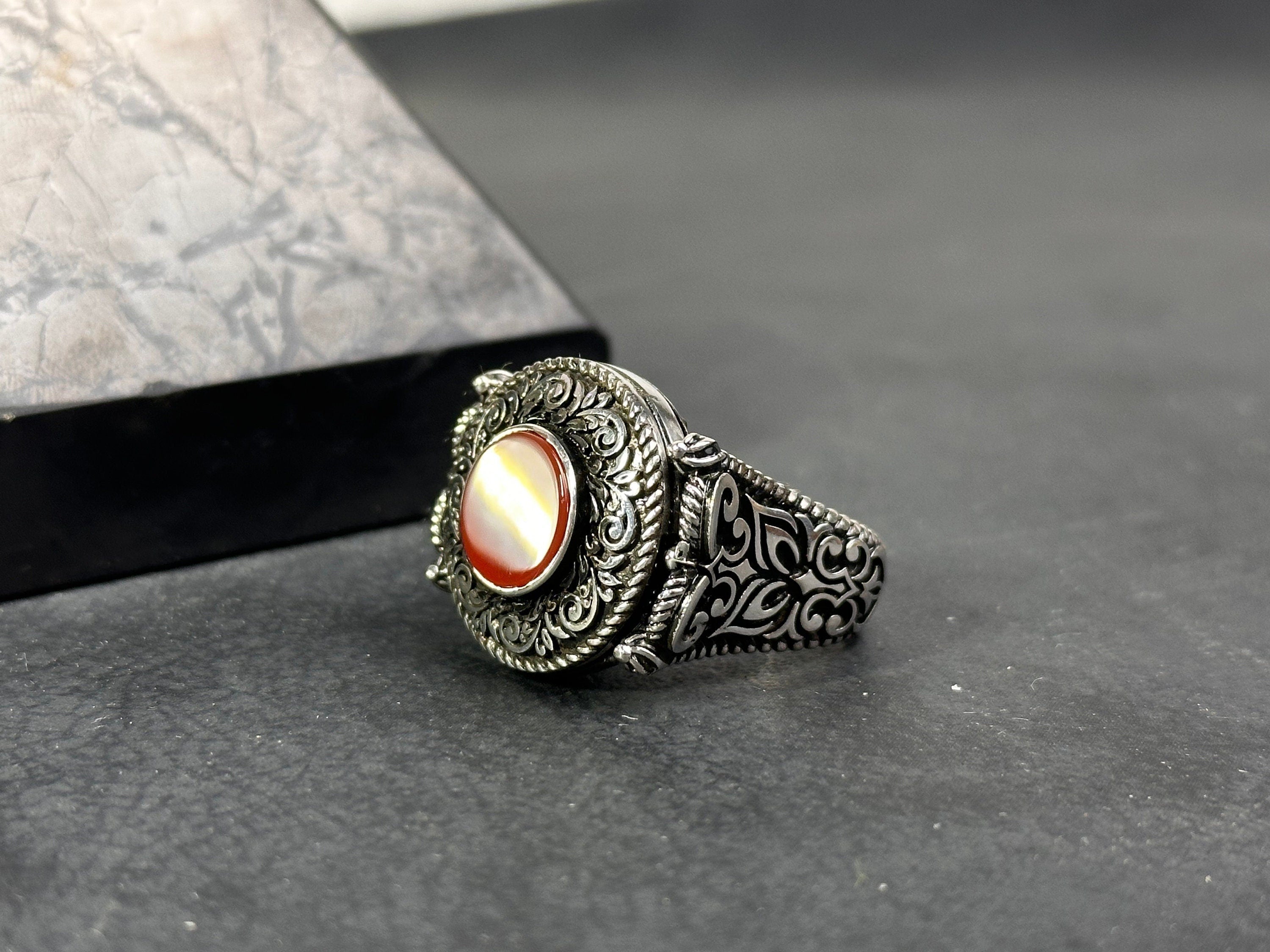 Men's Red Agate Ring, Sterling Silver Engraved (Everyday Wear)
