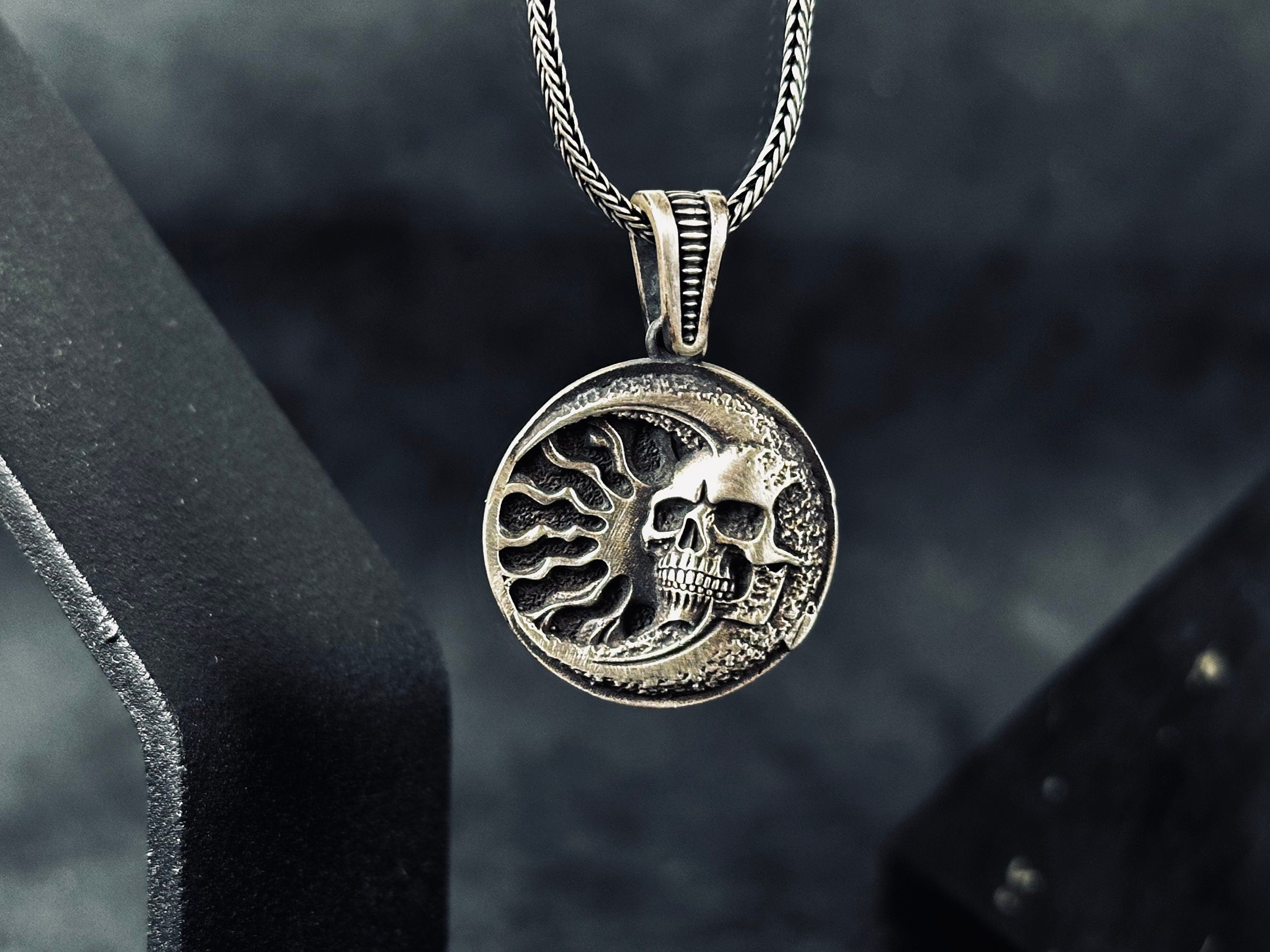 Silver Skull Moon Necklace: Gothic Jewelry (Pendant with Chain)