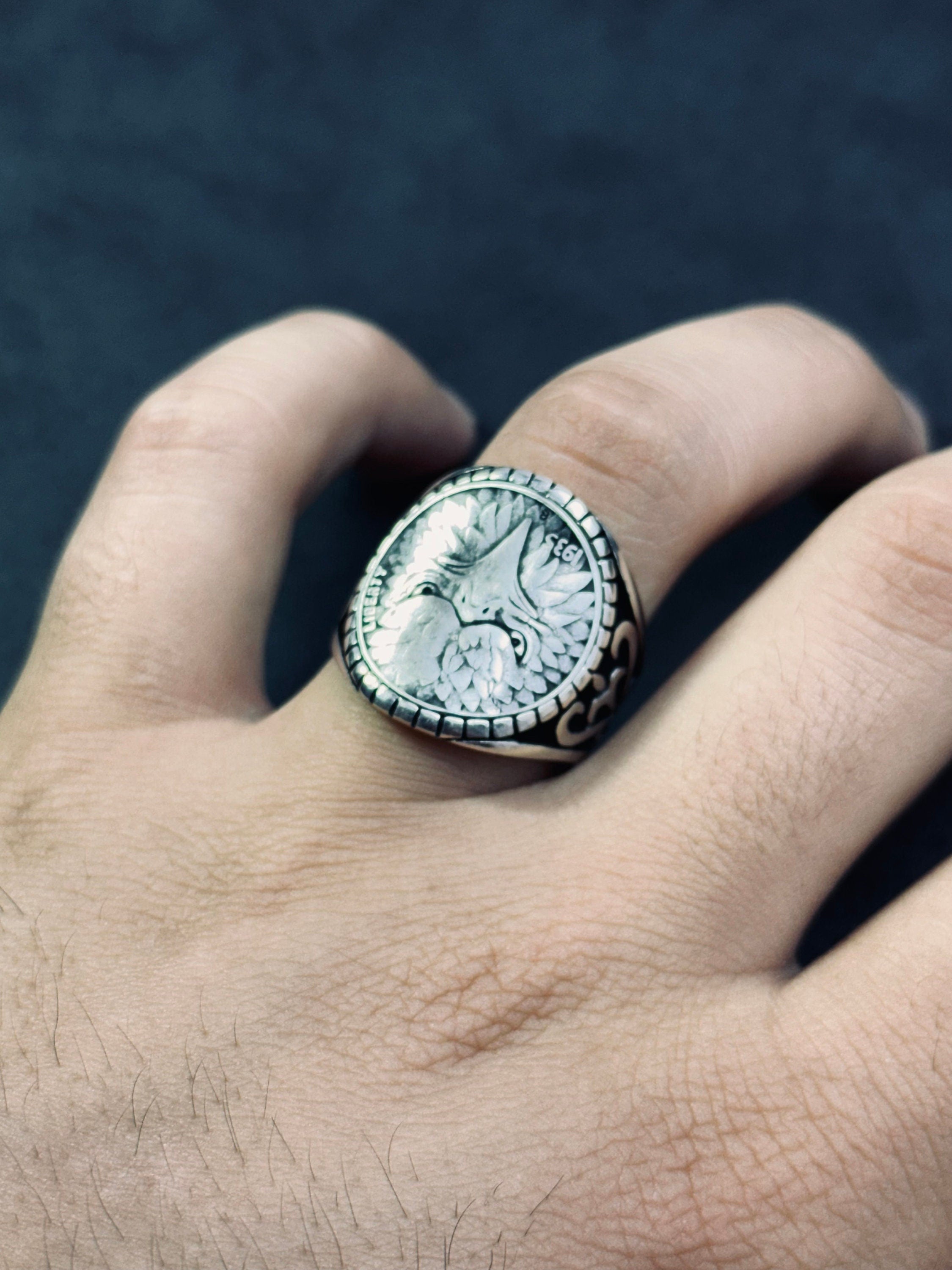 Sterling Silver Eagle Ring, Handmade Bold Design (Men's Size)