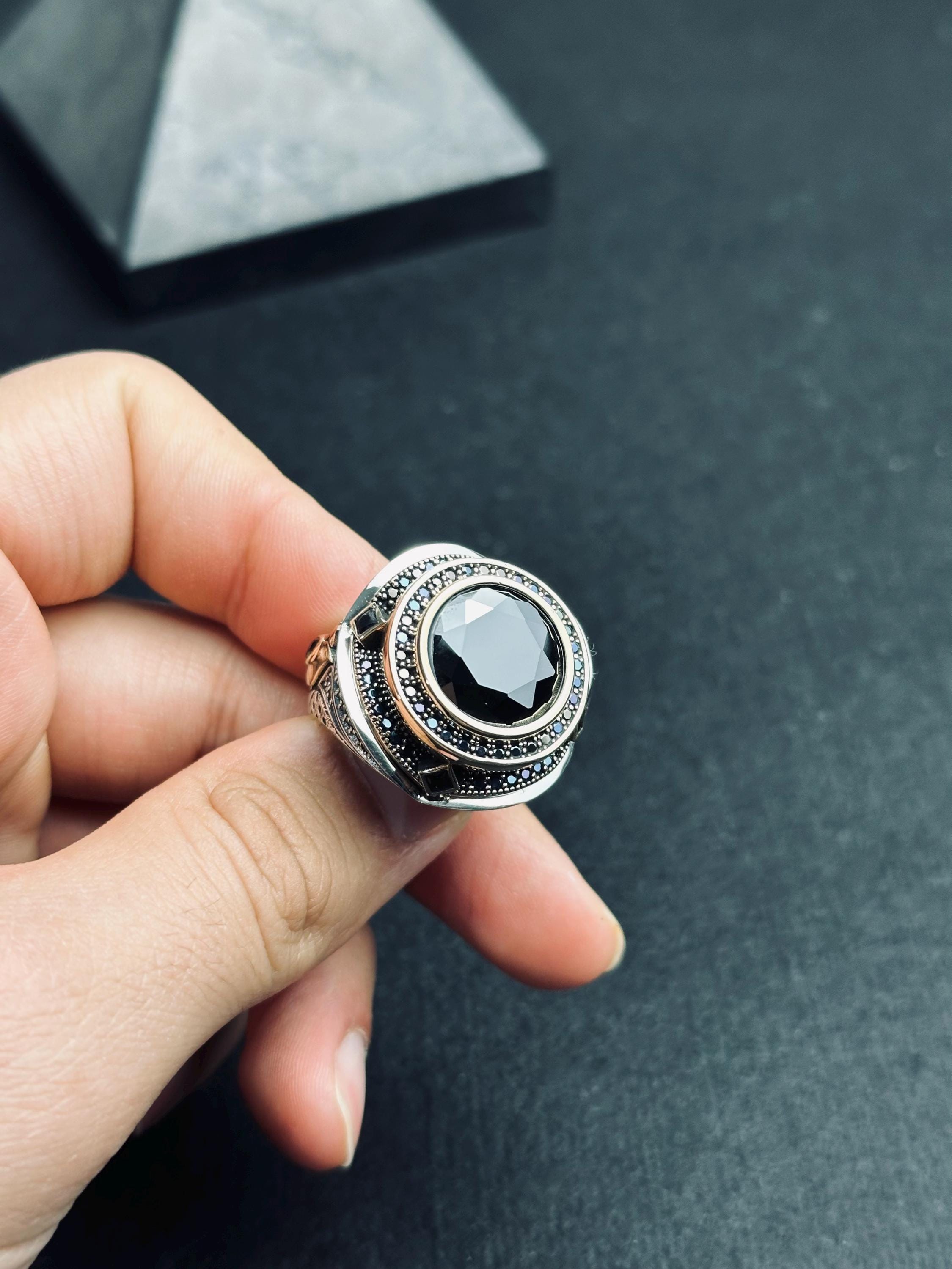 Sterling Silver Men's Ring: Black Zircon Stone (Handmade, Turkish Style)