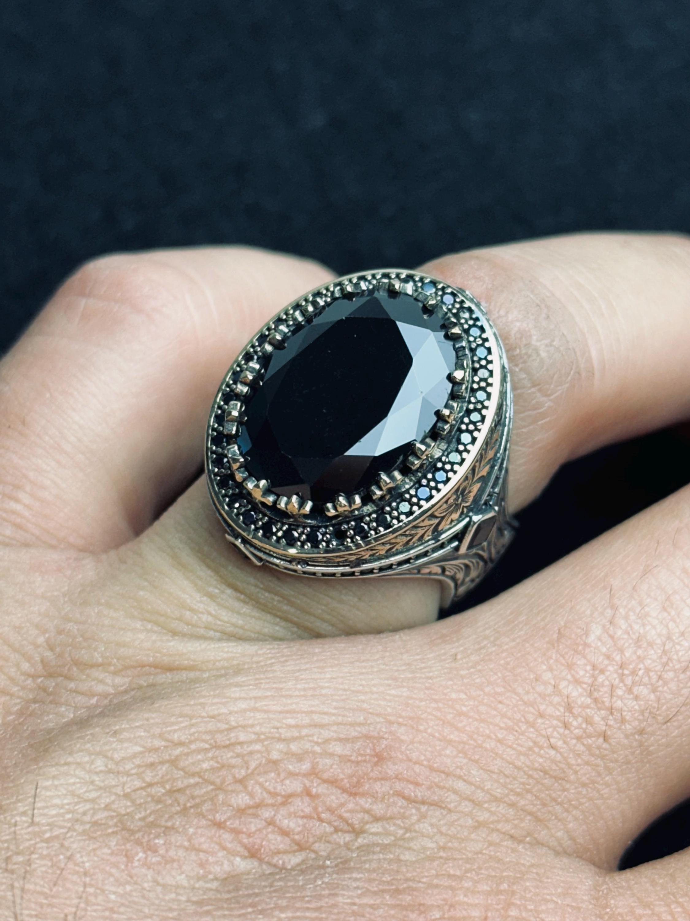 Oxidized Sterling Silver Ring: Handmade Zircon Men's Jewelry