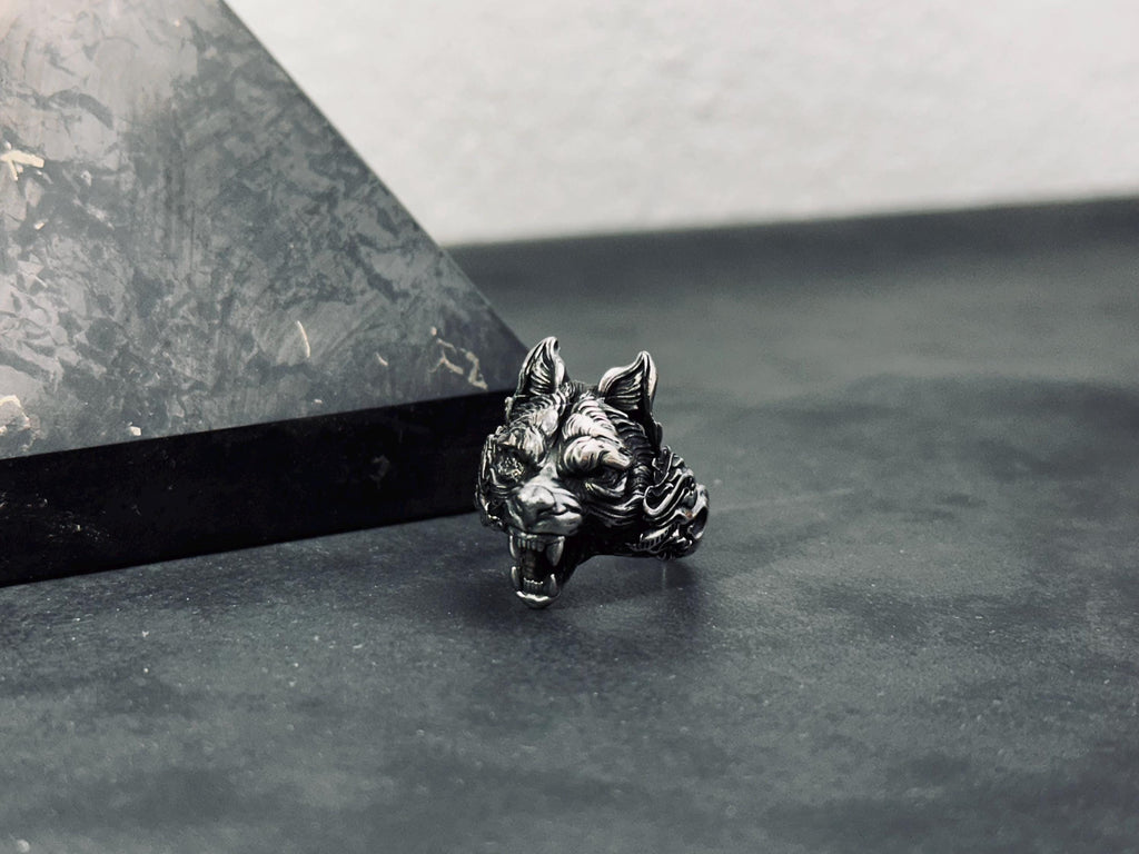 Wolf Head Ring: Gothic Sterling Silver (Handmade, Gift Box)
